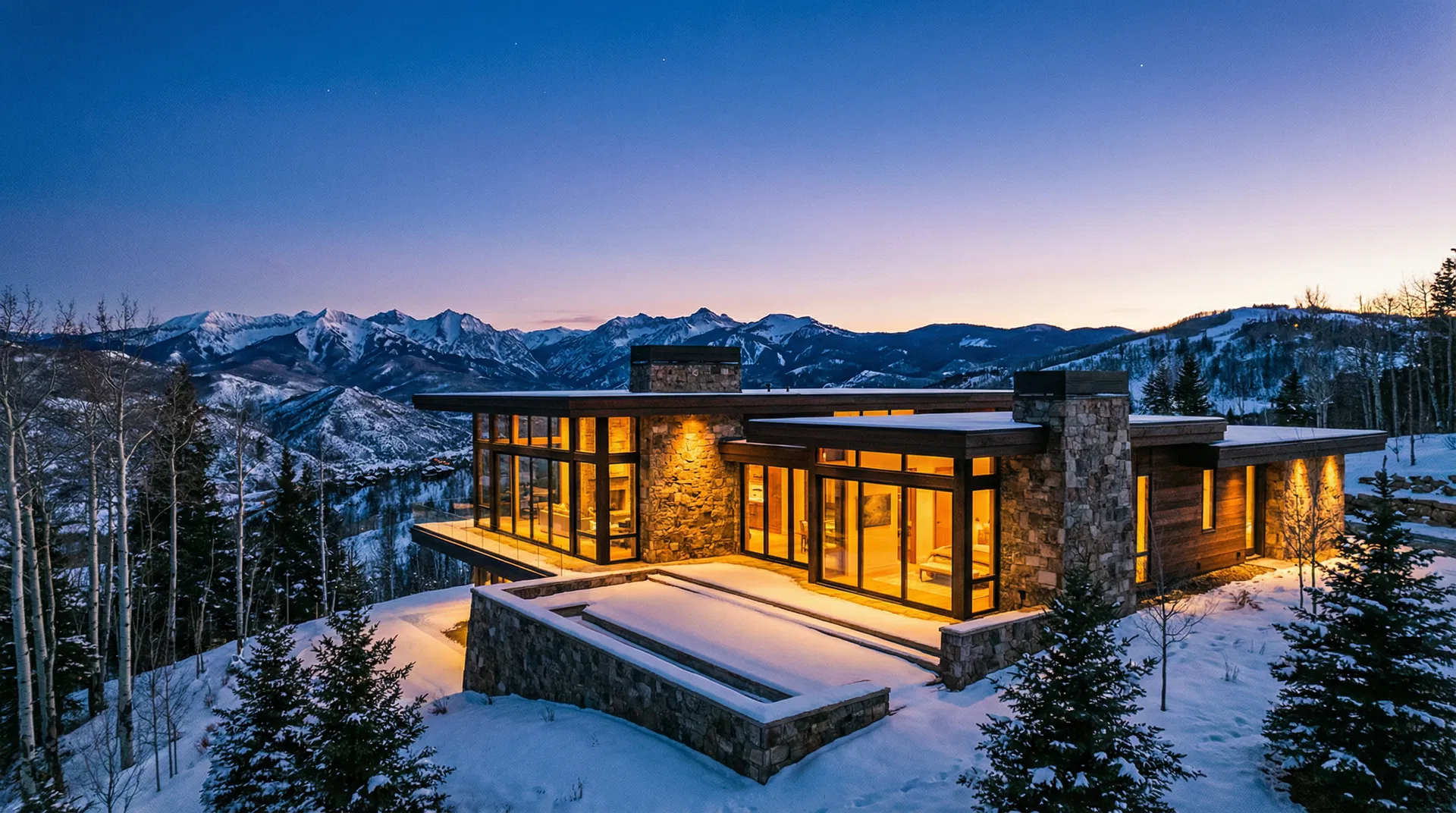 Luxury mountain home at dusk with snow-capped peaks