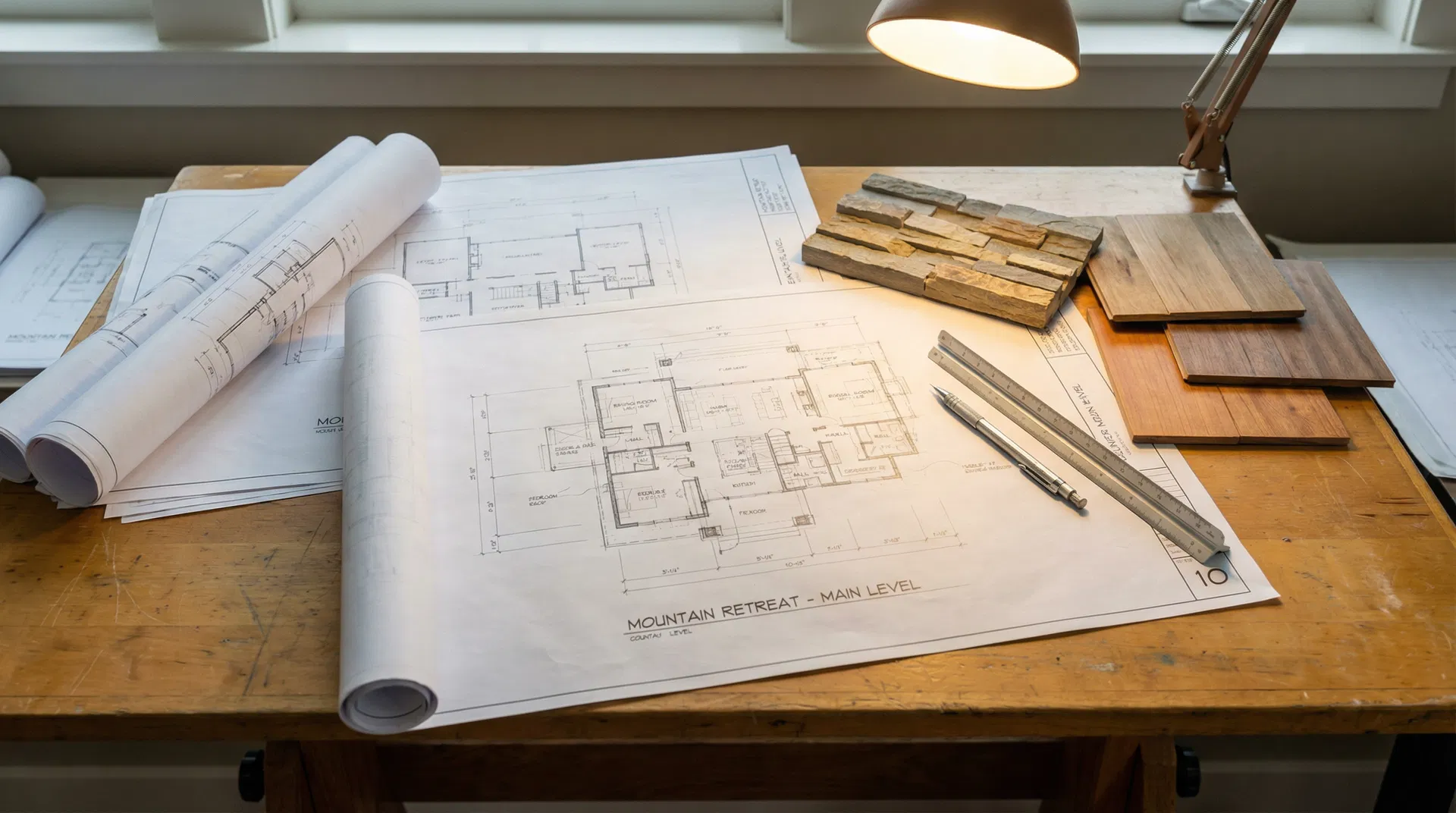 Architectural blueprints and material samples on a drafting table