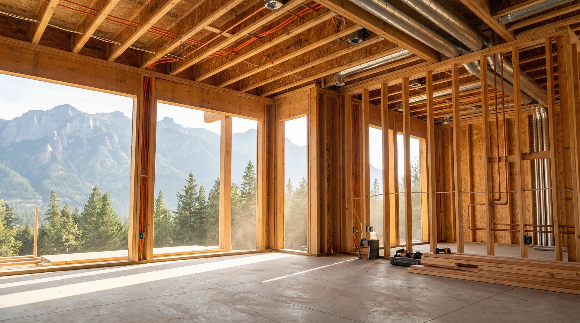 Interior rough-ins with electrical, plumbing, and HVAC visible through framing
