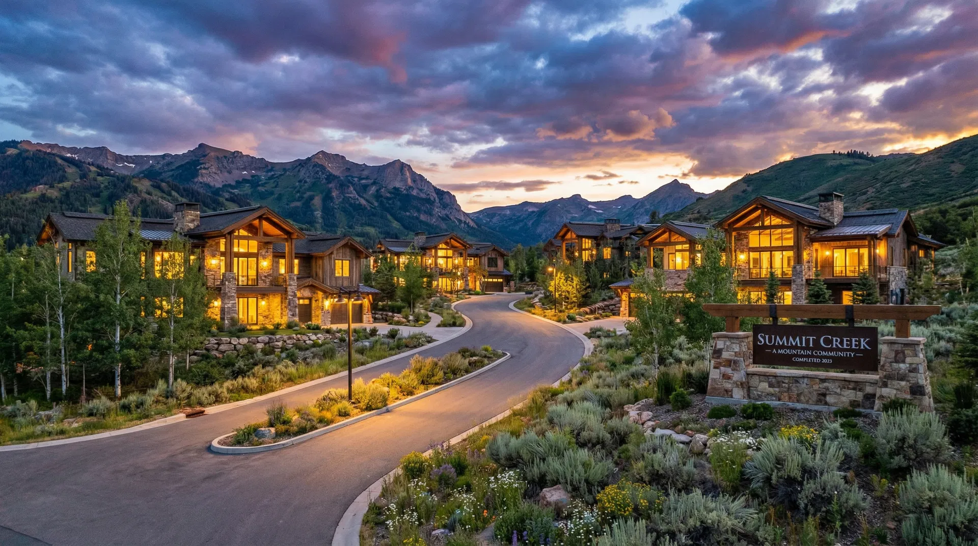 Summit Creek — a mountain community at dusk with luxury homes and mountain backdrop