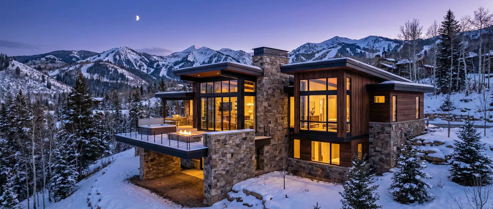 Luxury mountain modern home at twilight in Park City
