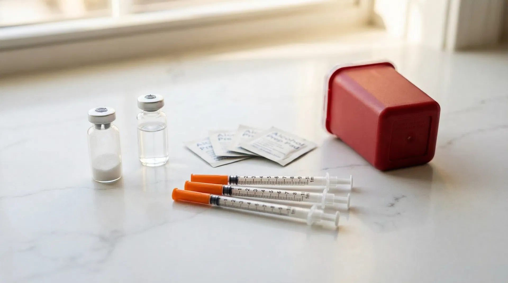 Peptide reconstitution supplies laid out on a clean surface