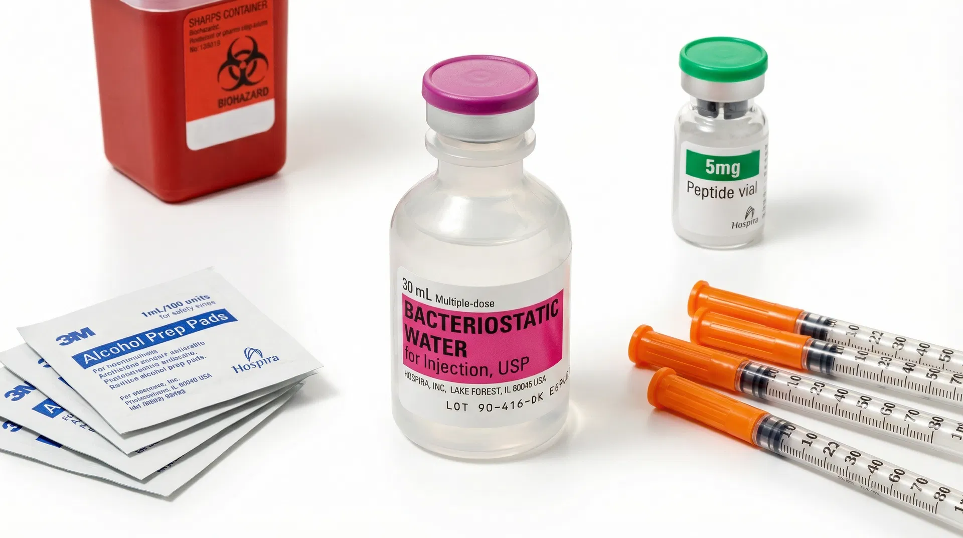 Peptide reconstitution supplies laid out on a clean surface