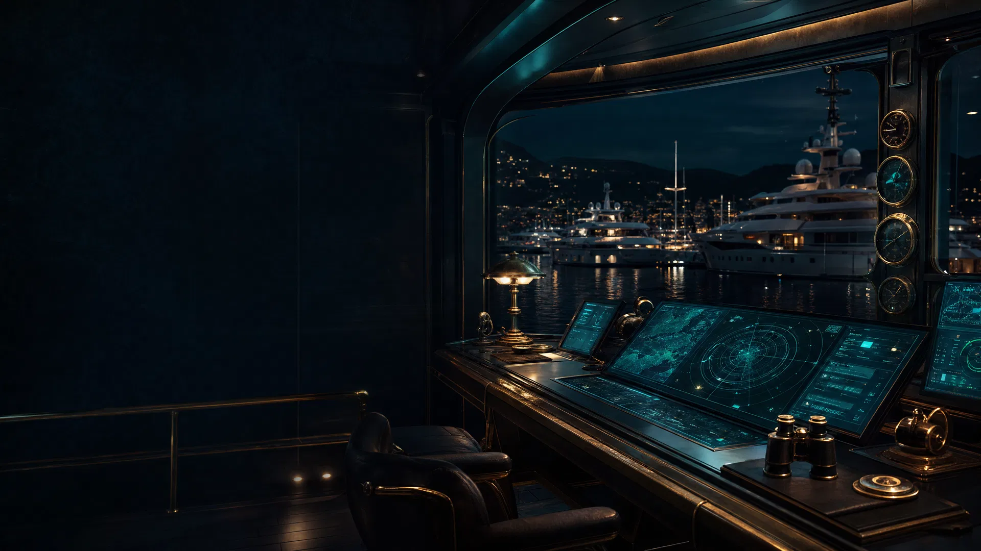 Luxury marina command center at night
