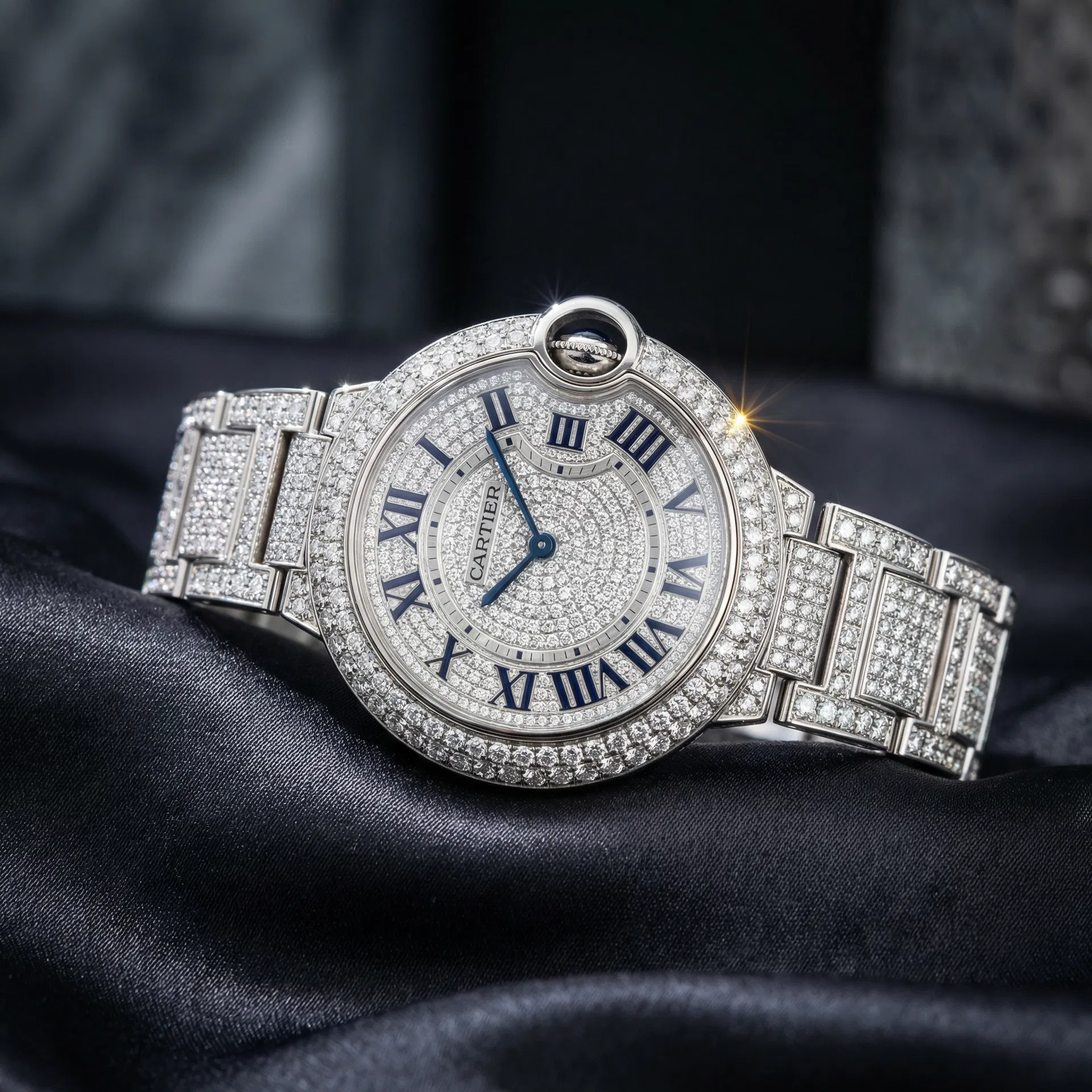 Cartier Ballon Bleu 42mm | White Gold | Full Diamond w/ Roman Numerals