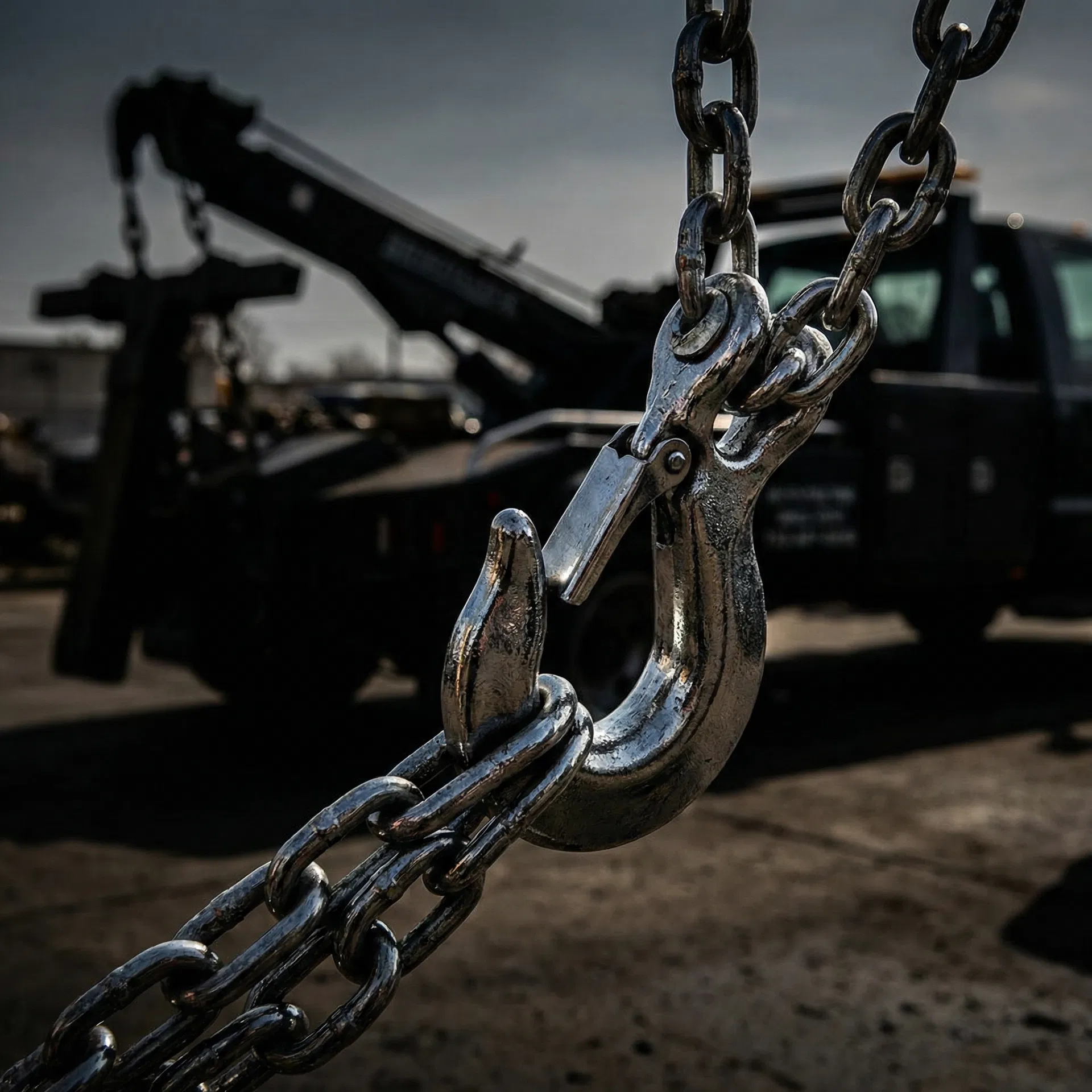 Heavy-duty tow hook and chain close-up
