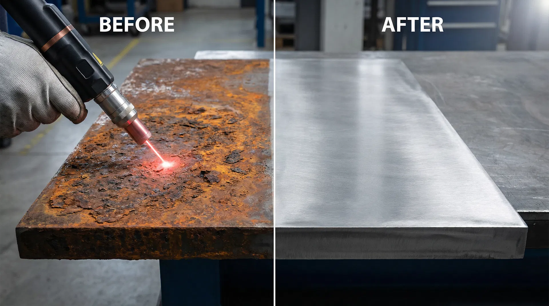 Before and after laser cleaning showing dramatic rust removal from steel plate