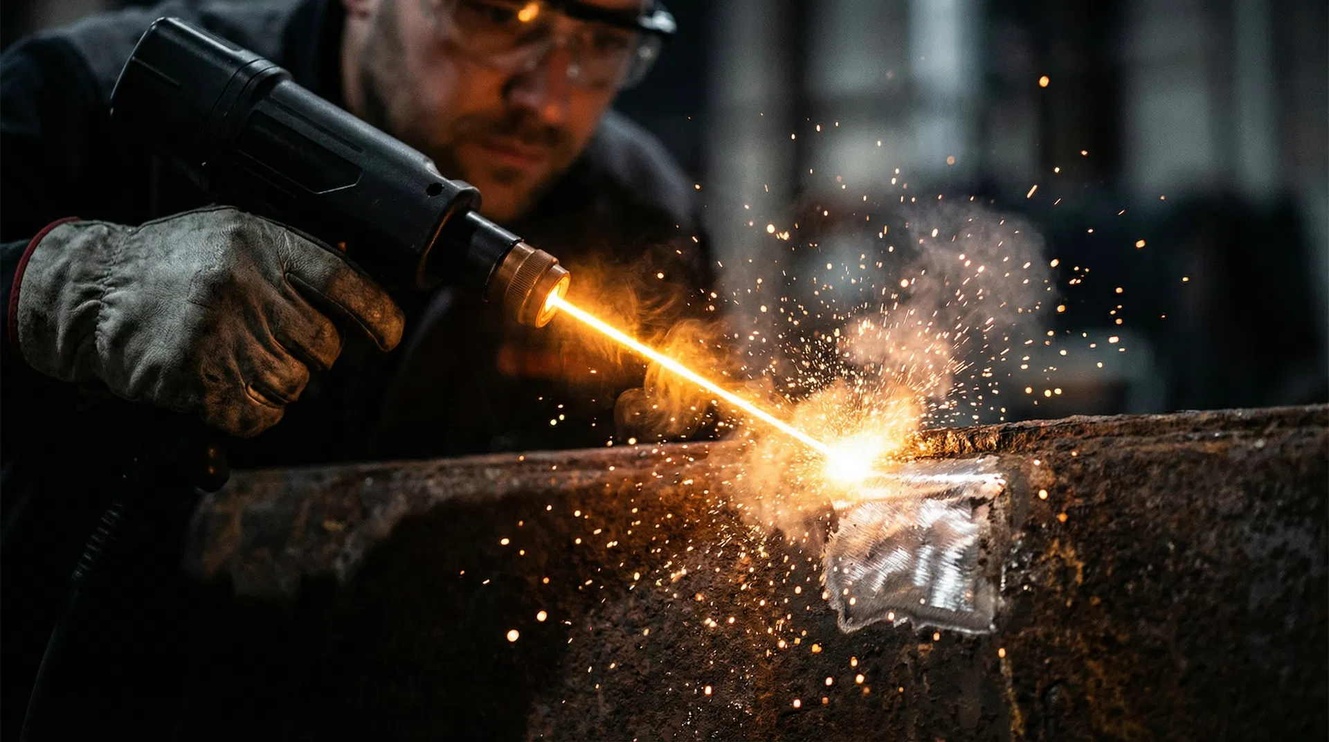 Pulse laser cleaning in action, removing rust from industrial steel