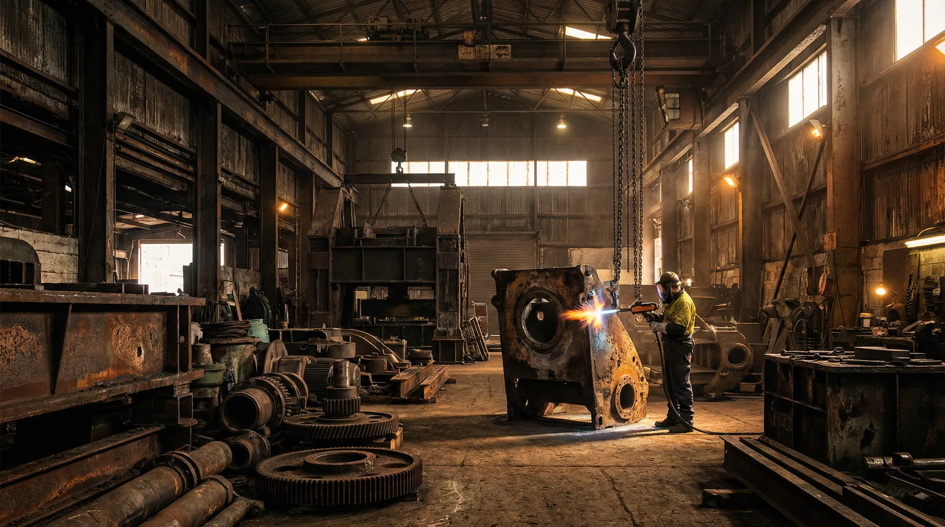 Industrial workshop with heavy machinery and equipment