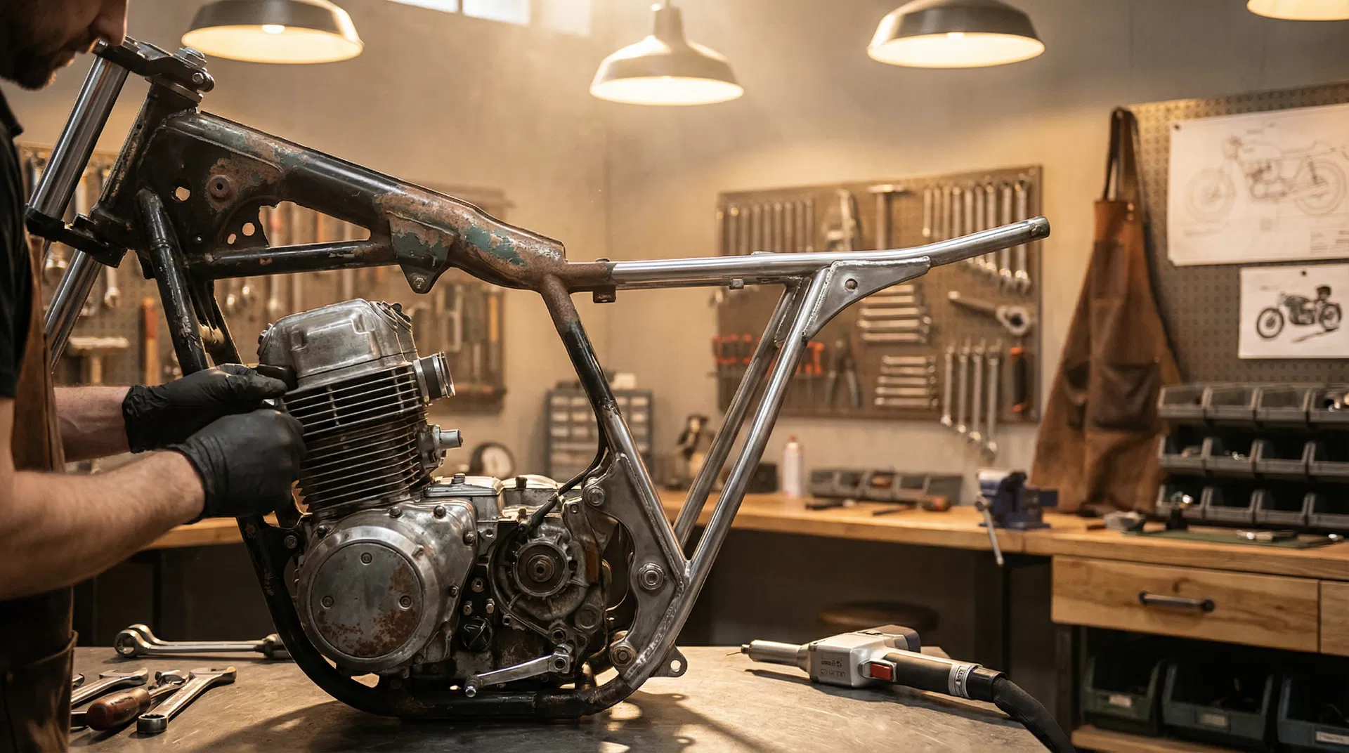 Motorcycle frame and engine restoration in workshop