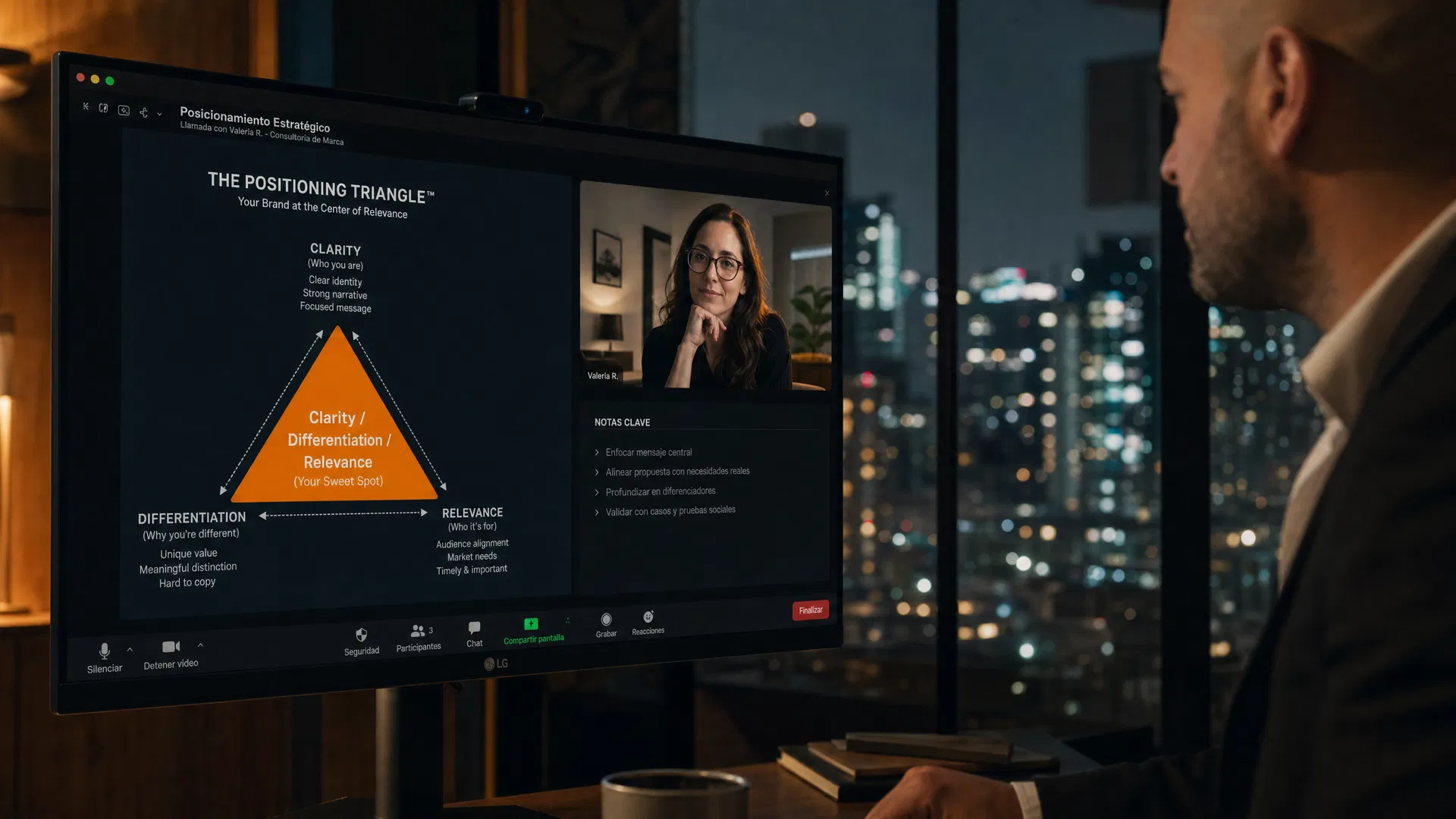 Consultant conducting a virtual Positioning Session with a client over video call