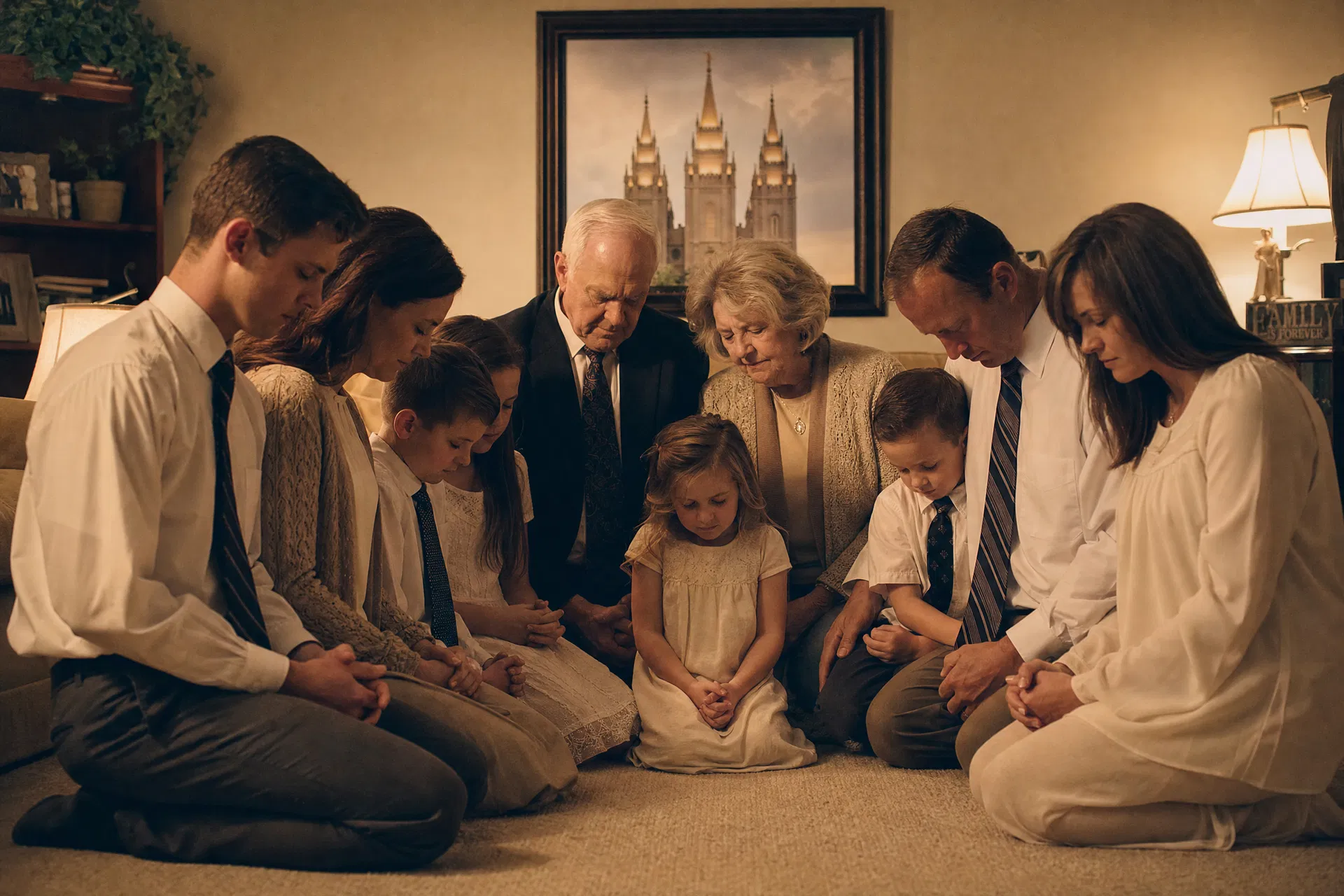 Family kneeling in prayer for their missionary