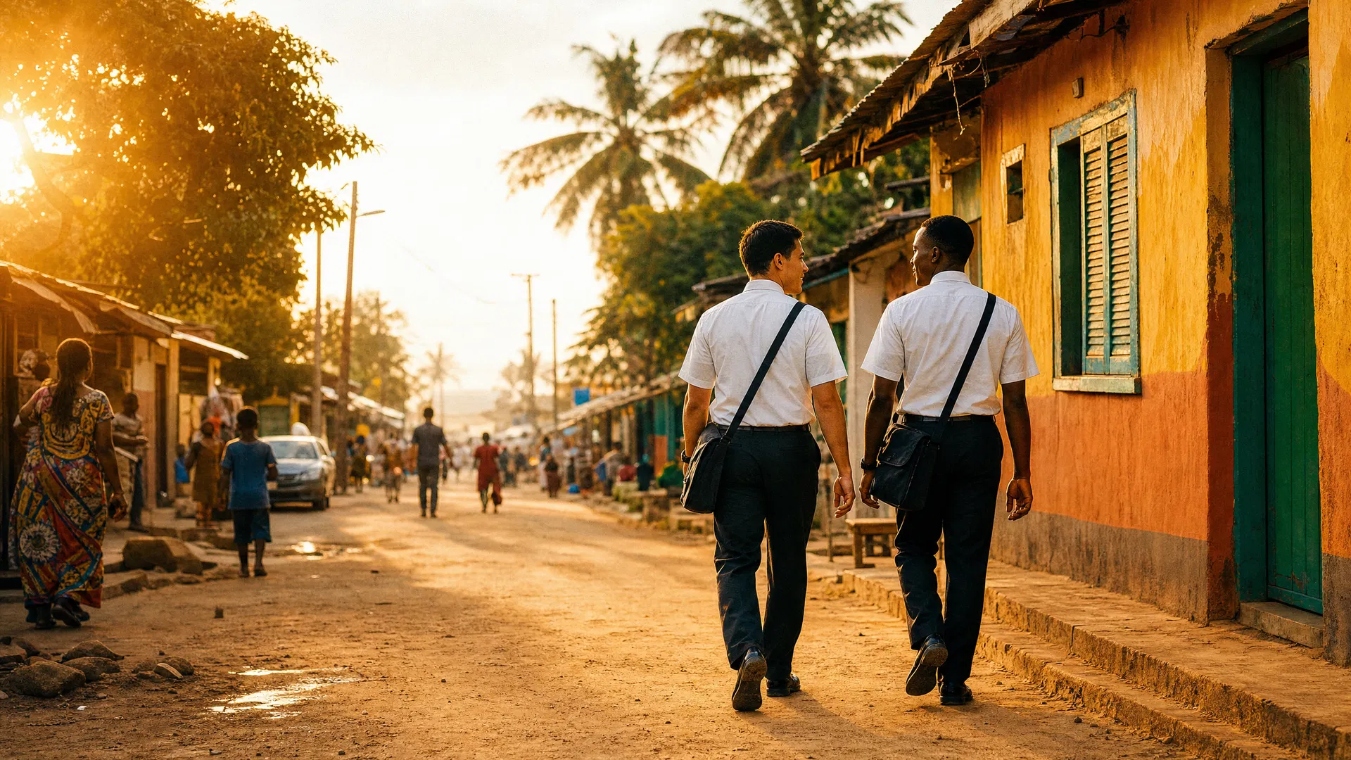 Two missionaries walking through West Africa at golden hour