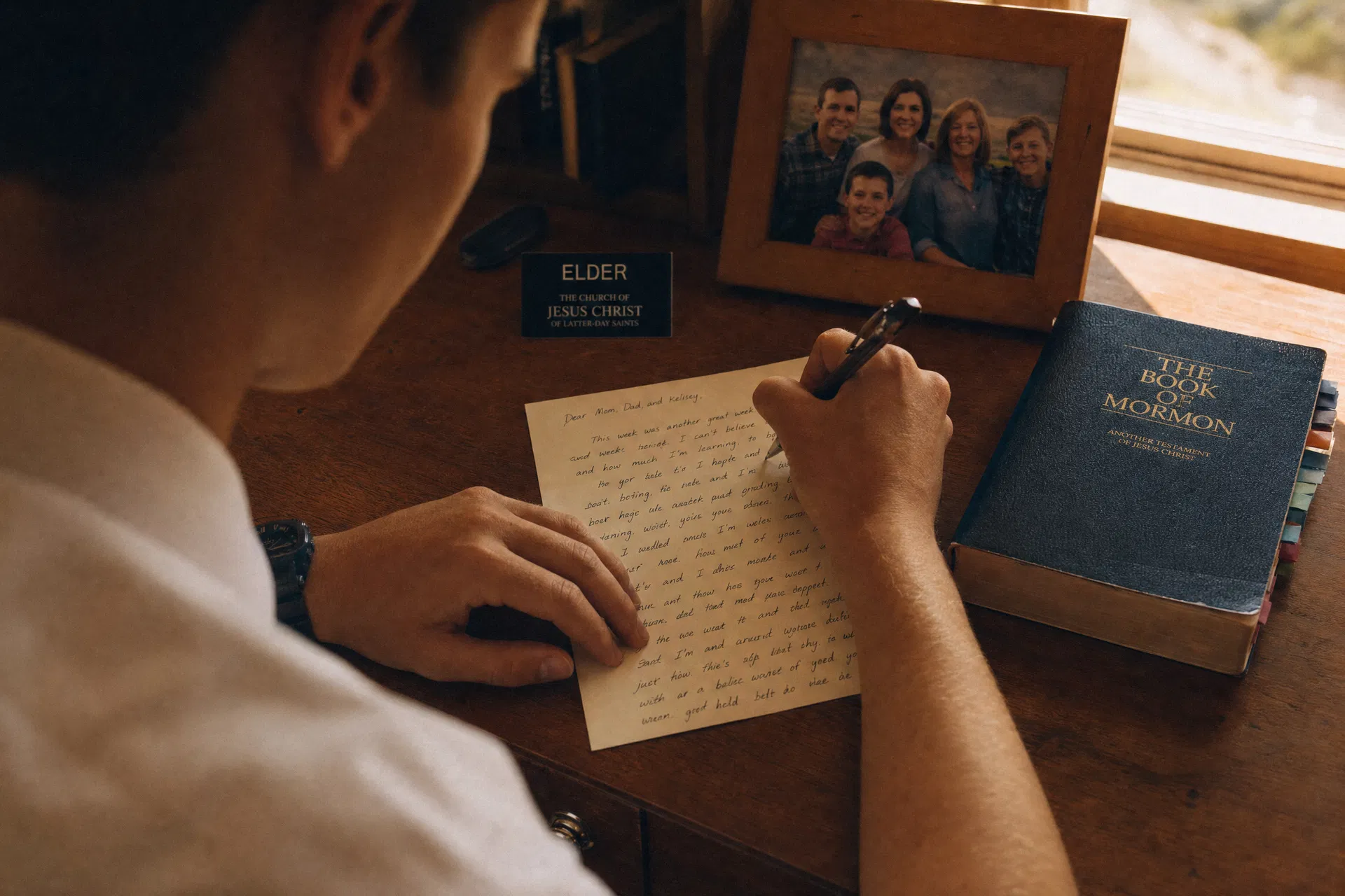 Elder writing a letter home