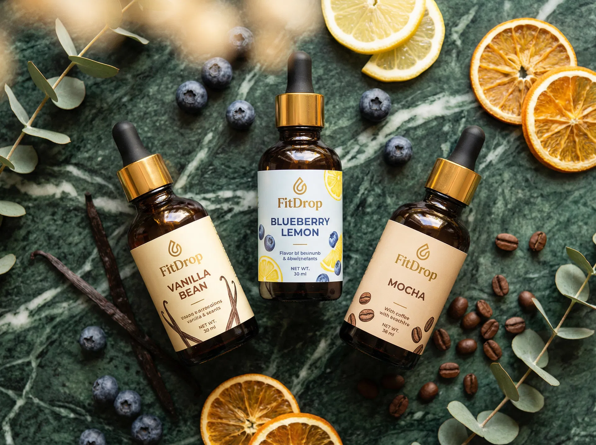 FitDrop Vanilla Bean, Blueberry Lemon, and Mocha bottles