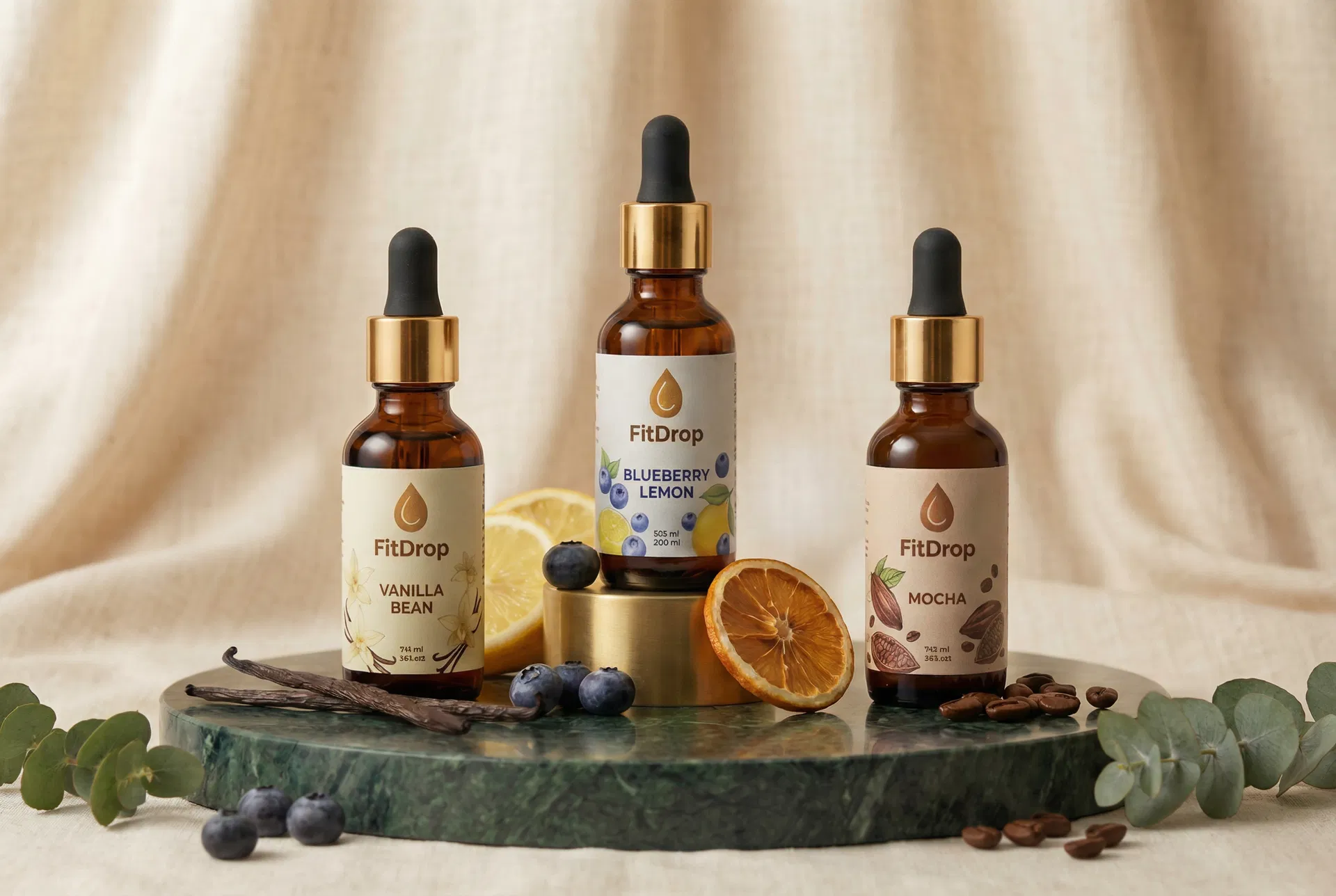 FitDrop amber glass dropper bottles with gold ring cap and natural ingredients