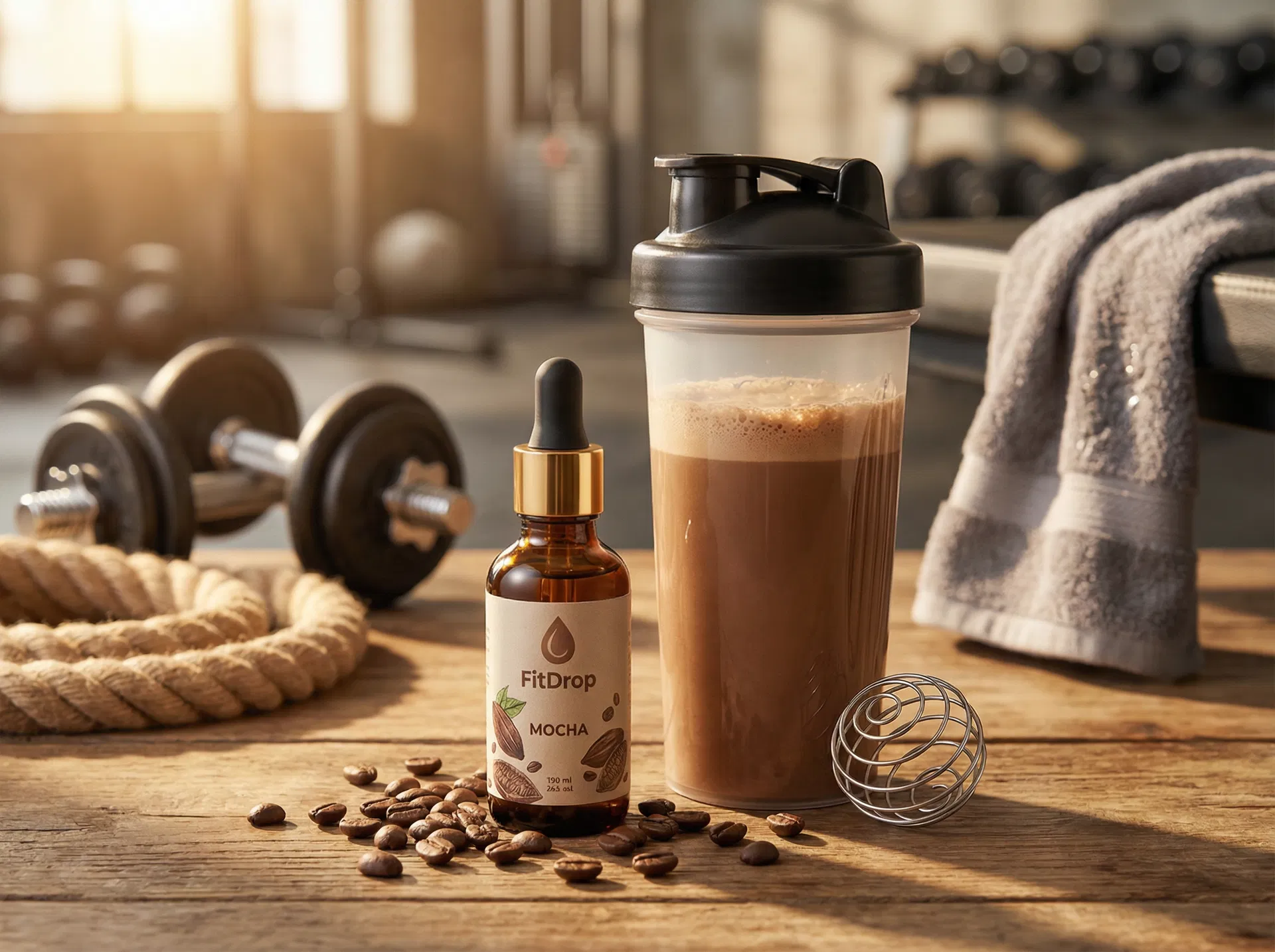 FitDrop Mocha bottle at the gym