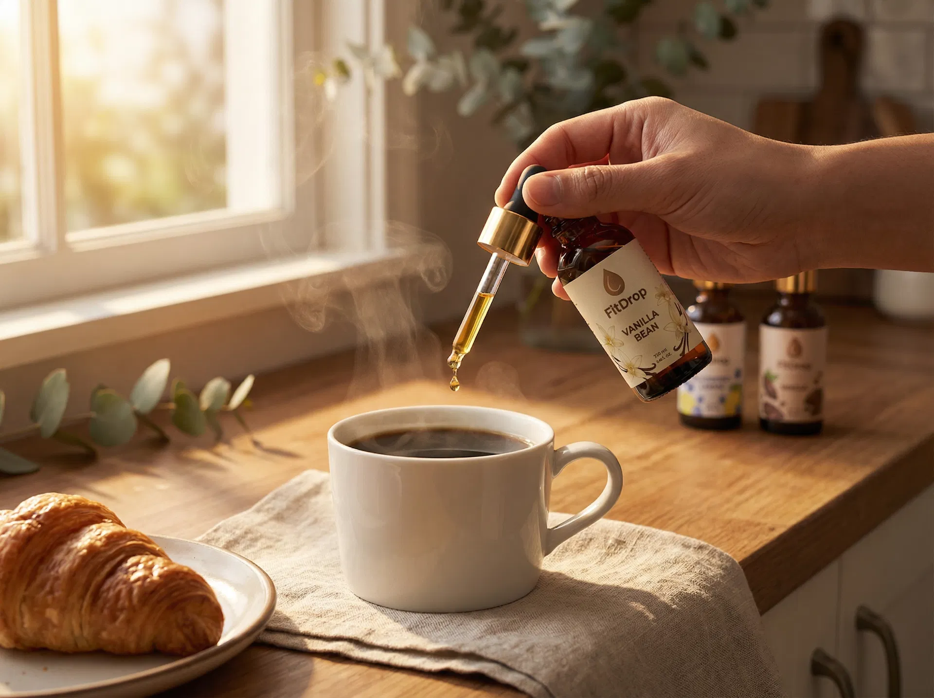 FitDrop Vanilla Bean bottle with coffee