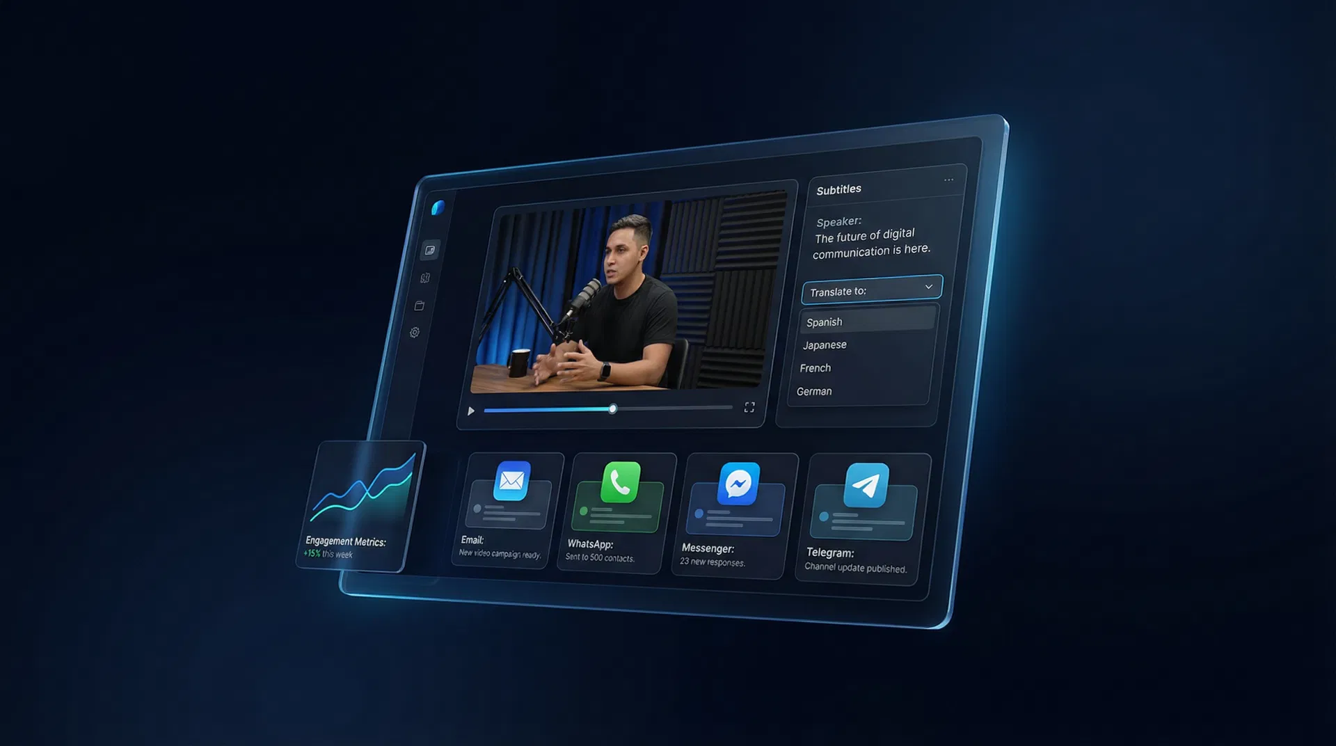 AIMVideoAI Dashboard — video upload, subtitles, translation, channel previews, analytics