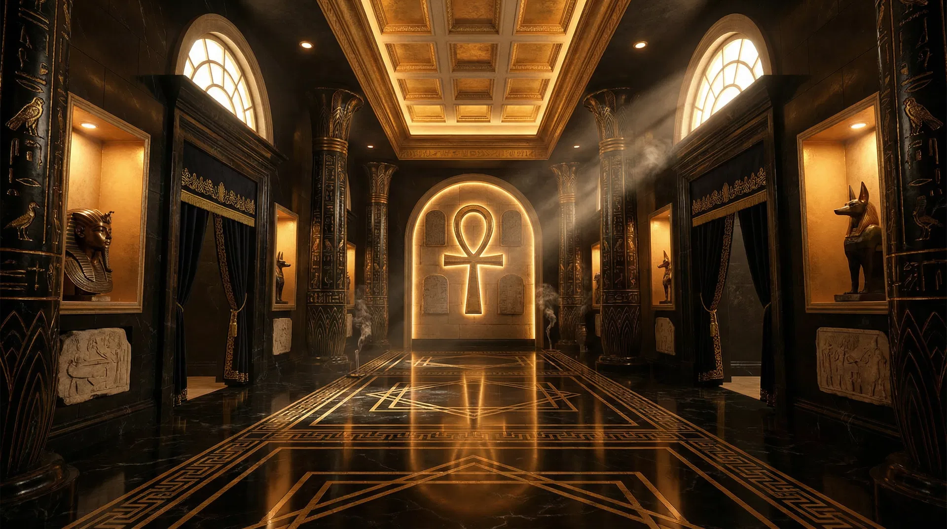 The God Spa Interior — Grand Egyptian Temple Hallway