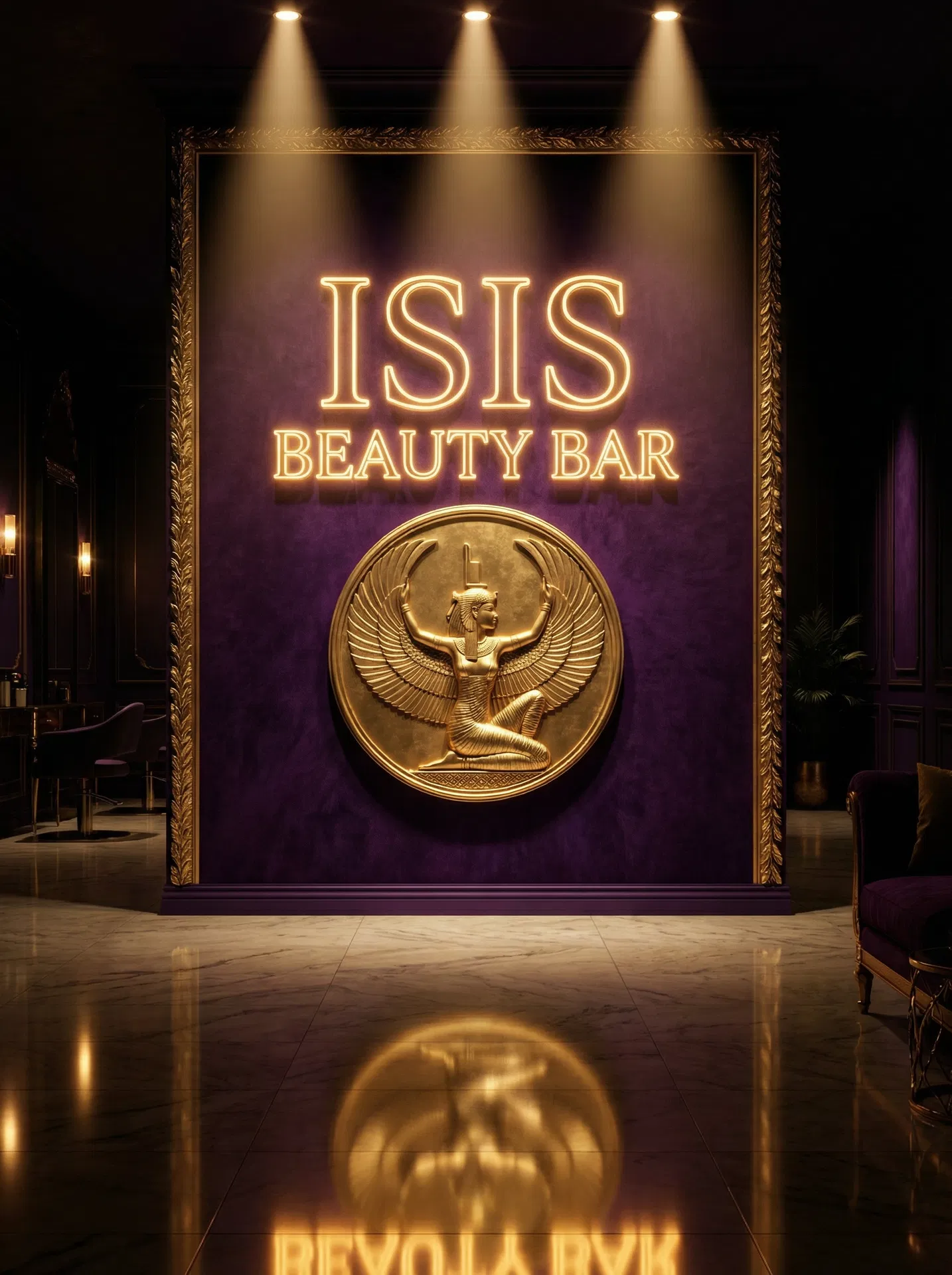 ISIS BEAUTY BAR illuminated neon sign with gold goddess medallion