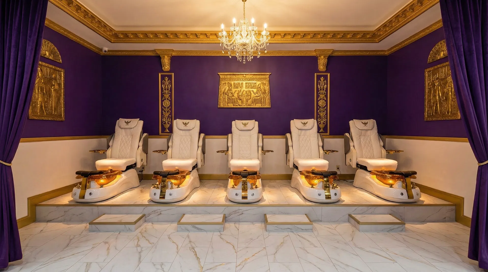 Luxury pedicure lounge with five throne chairs, crystal chandelier, and Egyptian gold wall art