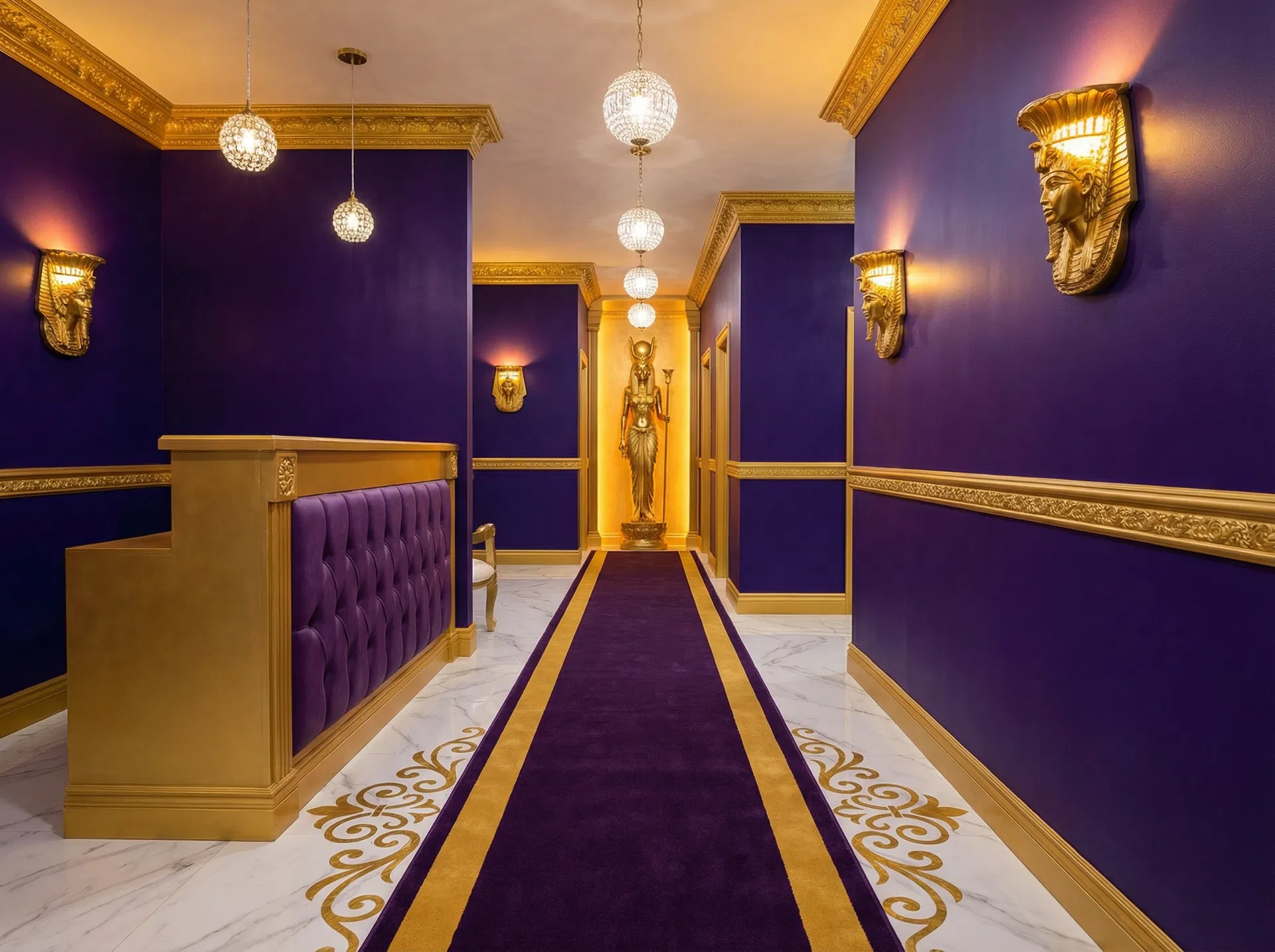 Royal purple corridor with gold trim, Egyptian statues, and crystal pendant lights
