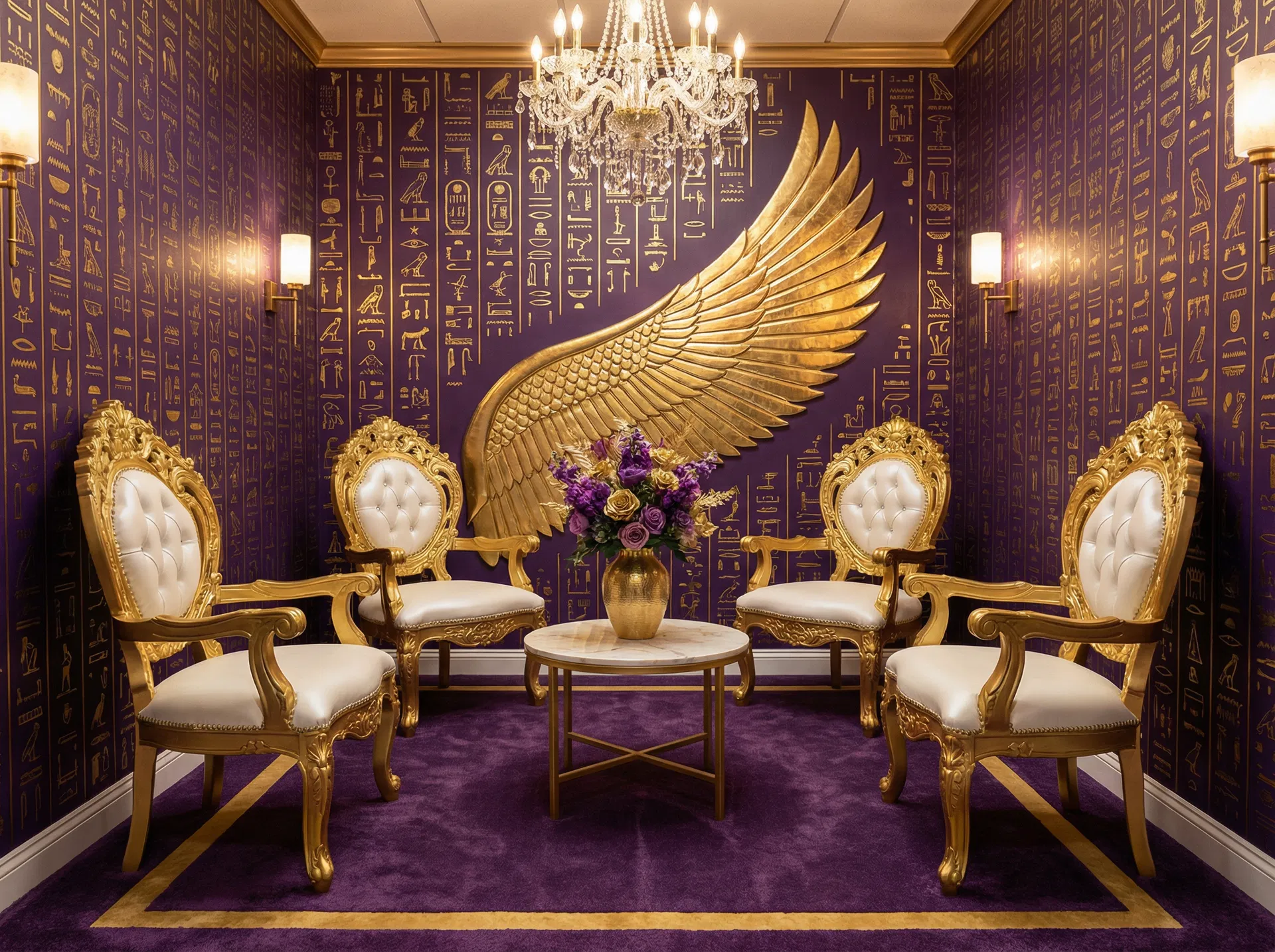 Throne waiting lounge with gold baroque chairs and hieroglyphic wallpaper