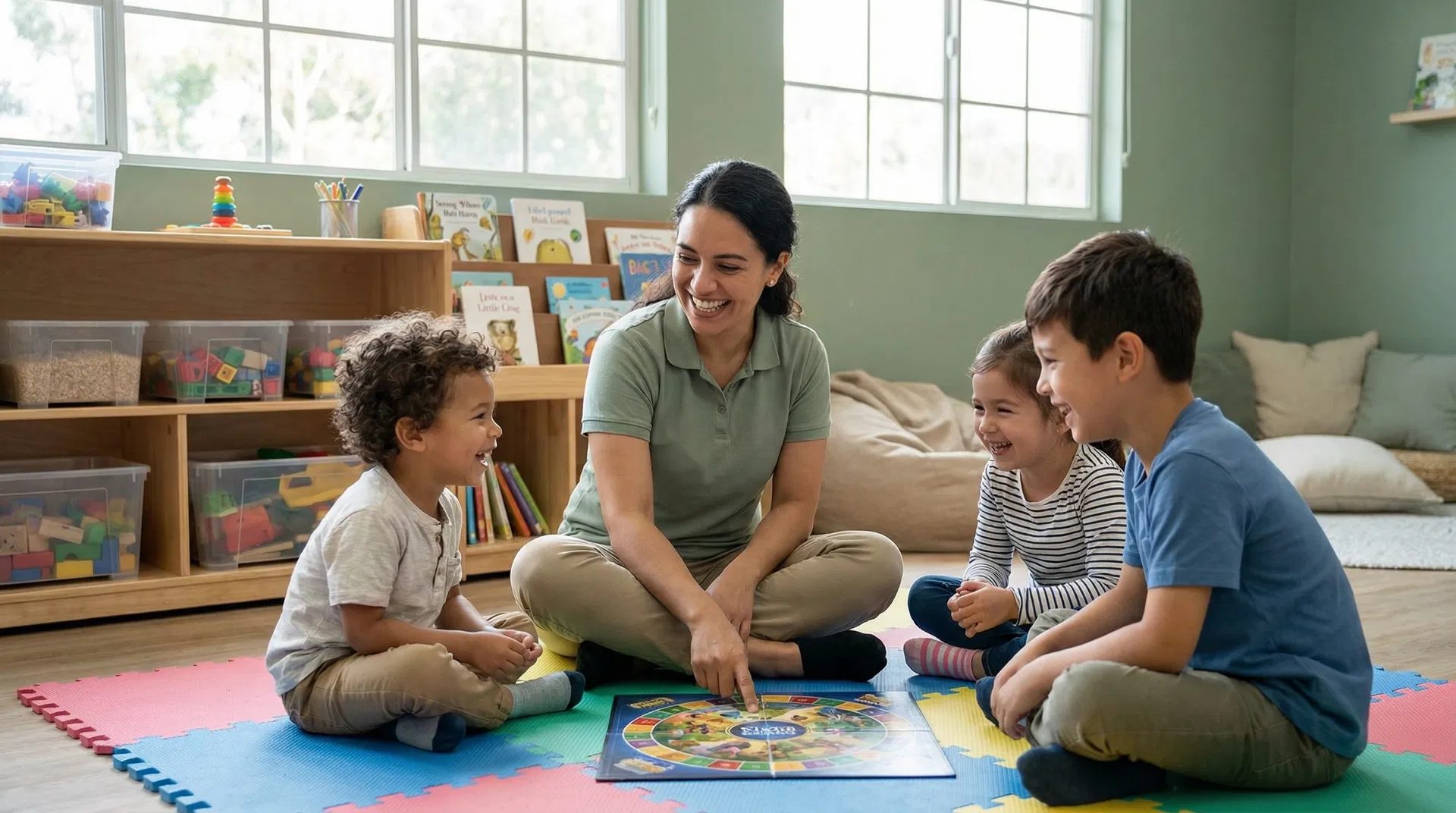 BCBA therapist with small group of children in therapy room