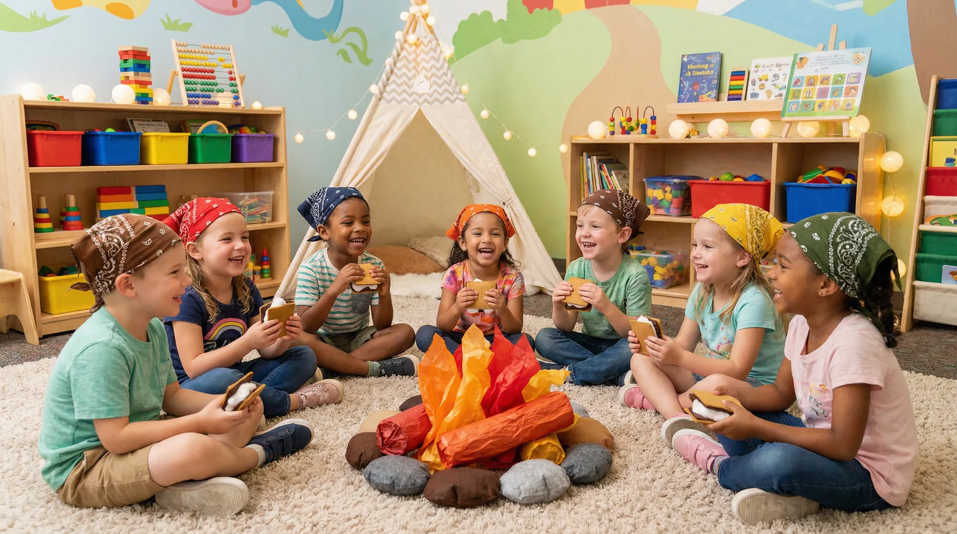 Children sitting in a circle around a pretend campfire during Campfire Fun & Friendships week