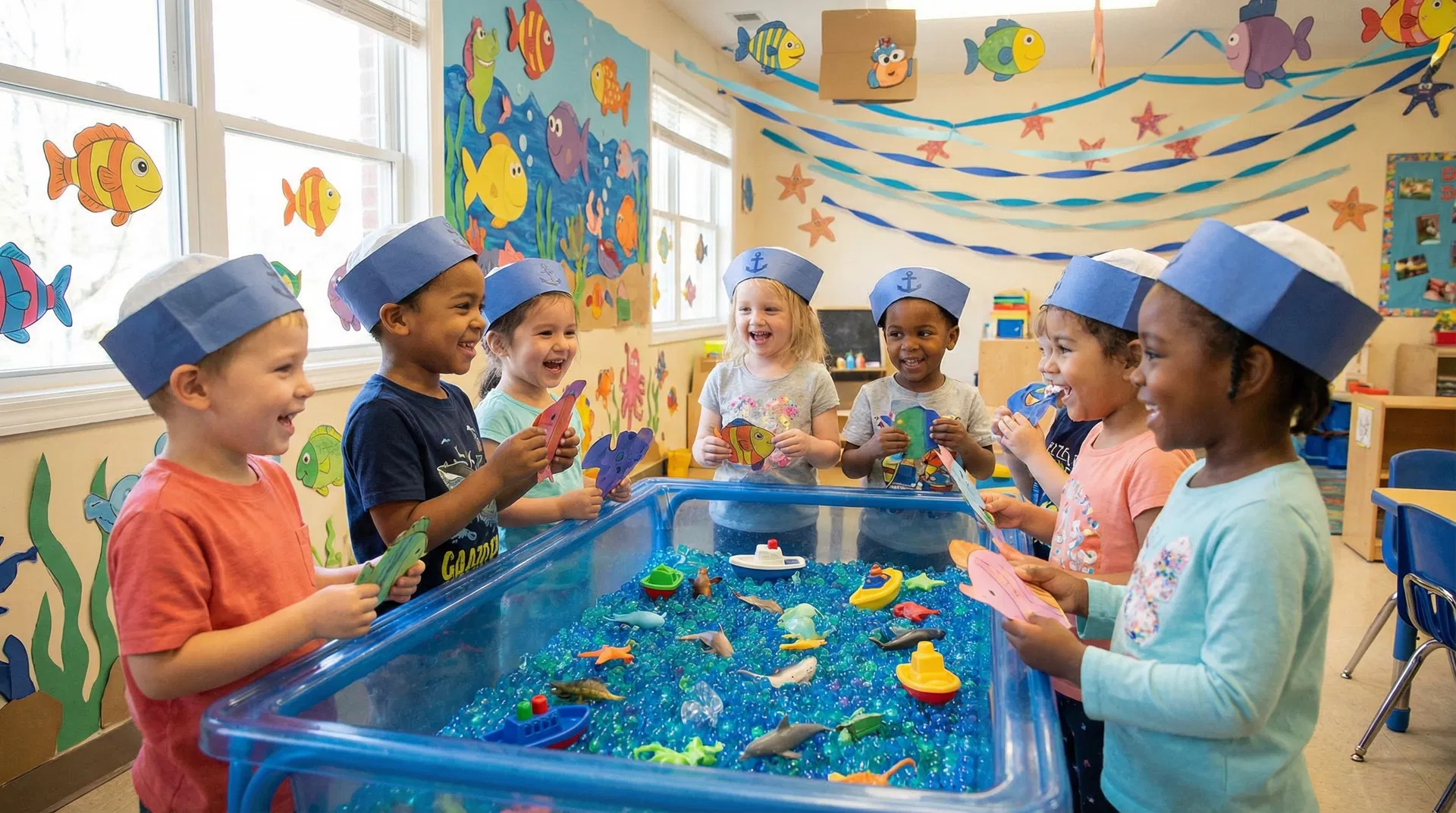 Children in sailor hats exploring an ocean-themed sensory table during Ocean Explorers week