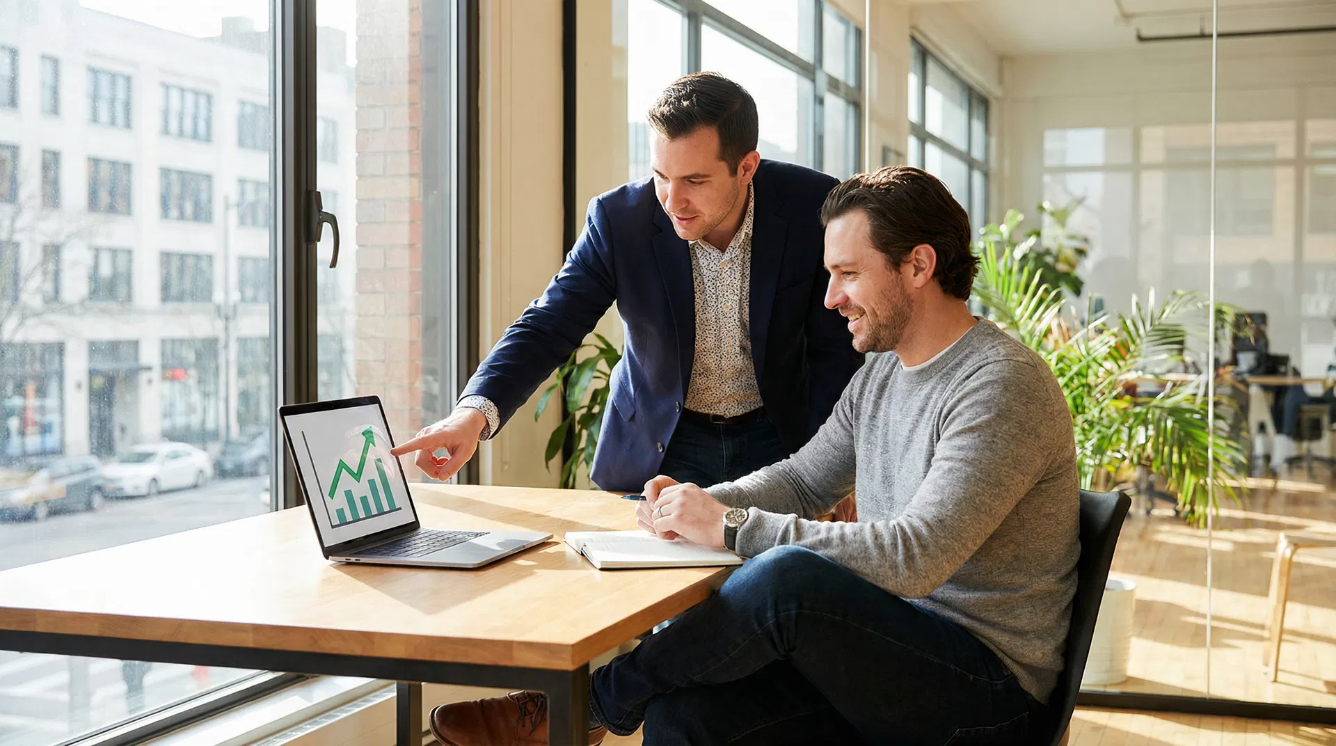 SEO expert showing clear results to a relieved business owner