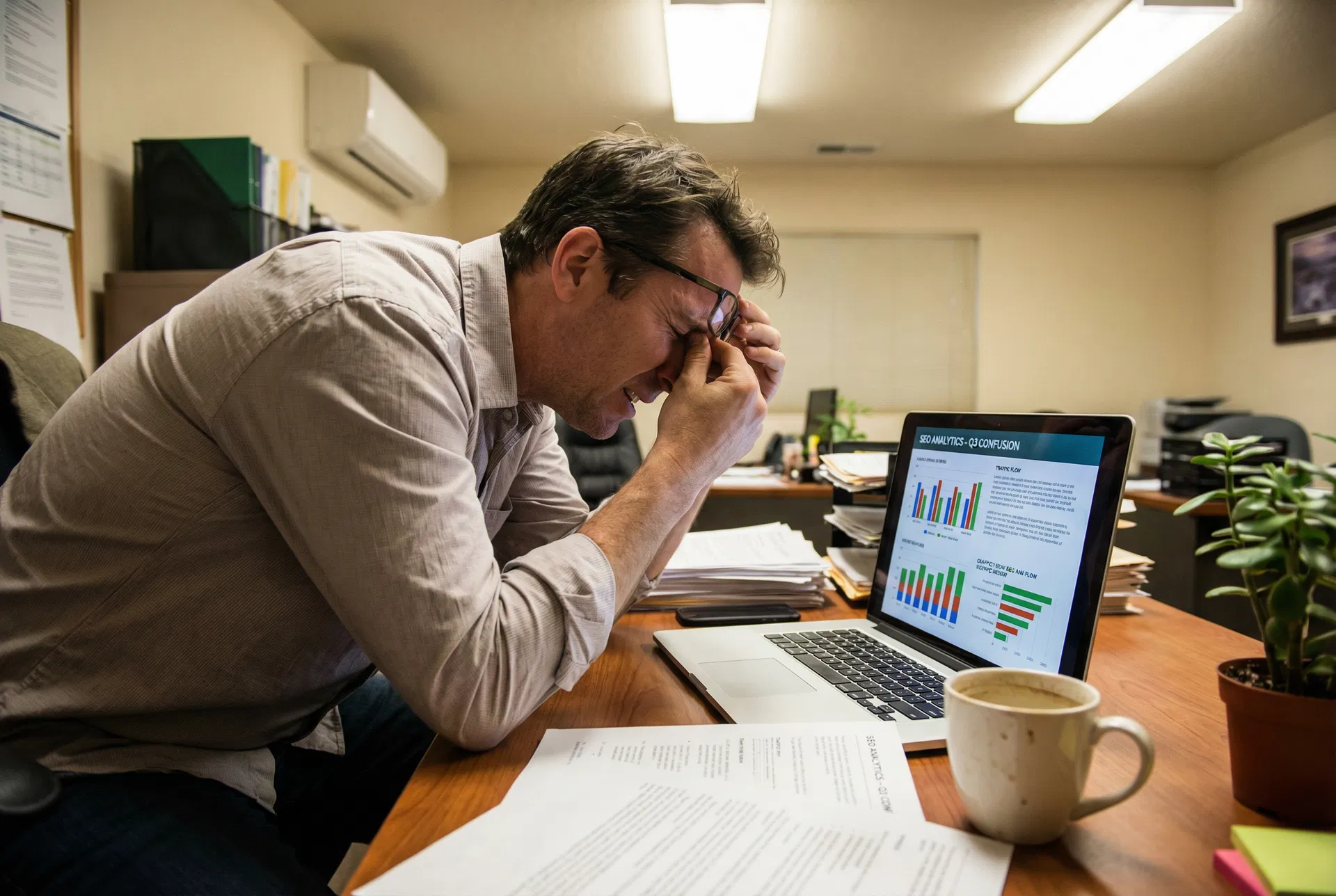 Frustrated business owner trying to understand confusing SEO reports