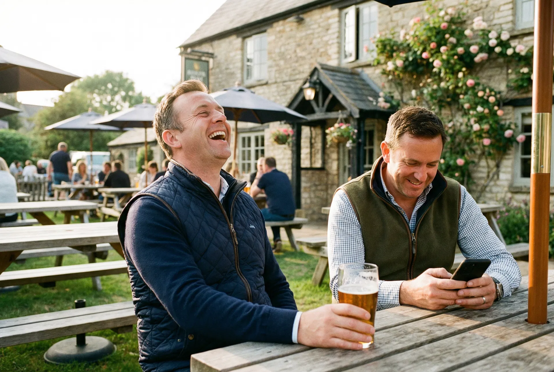 Two men in gilets laughing at a pub garden table with pints