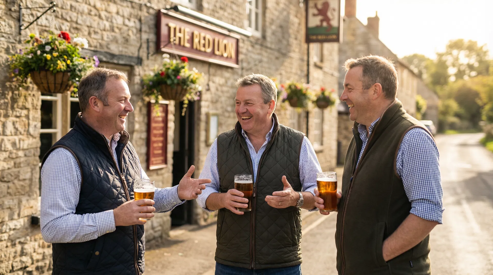 British men in gilets enjoying pints at a country pub