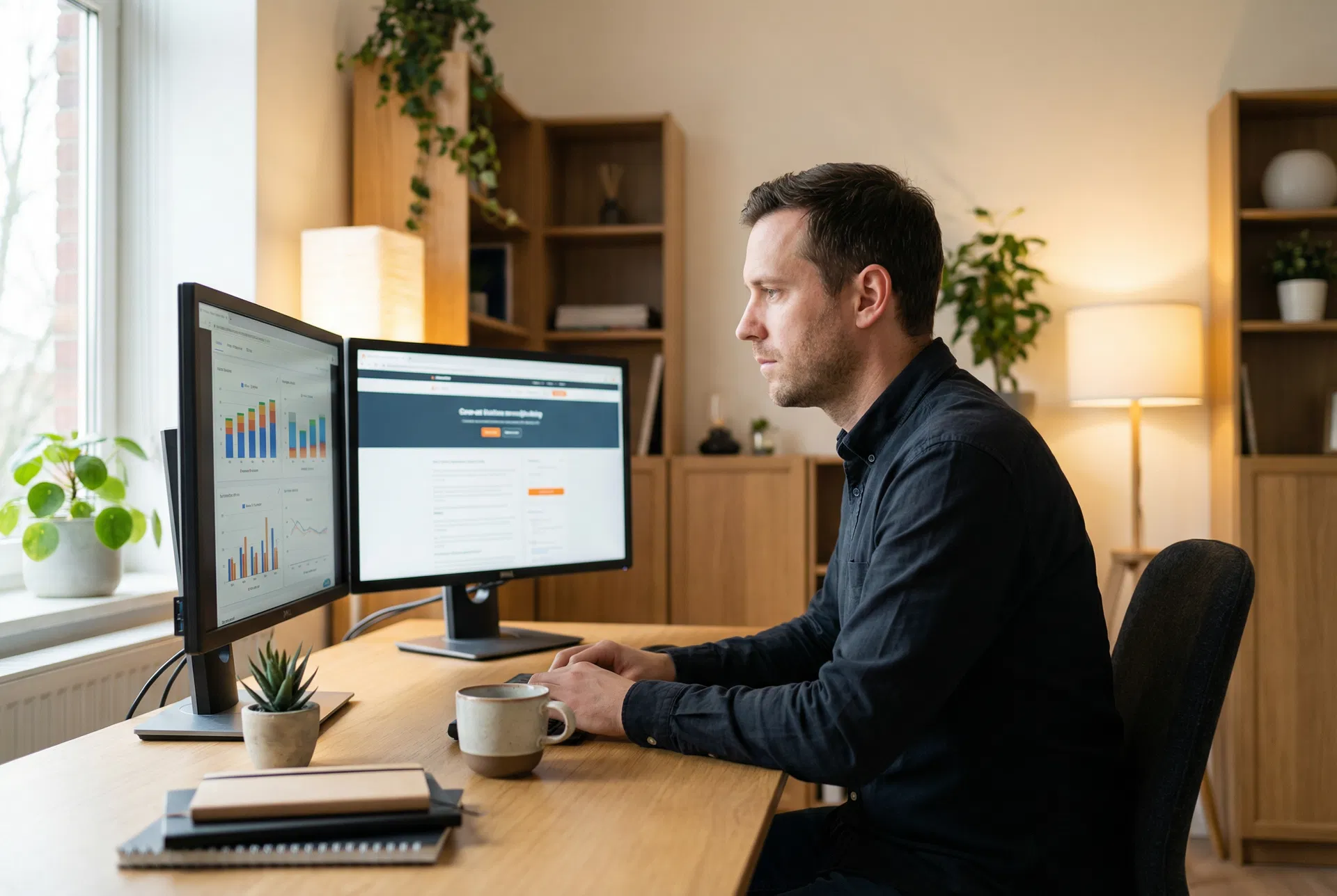 SEO consultant analysing website data on dual monitors