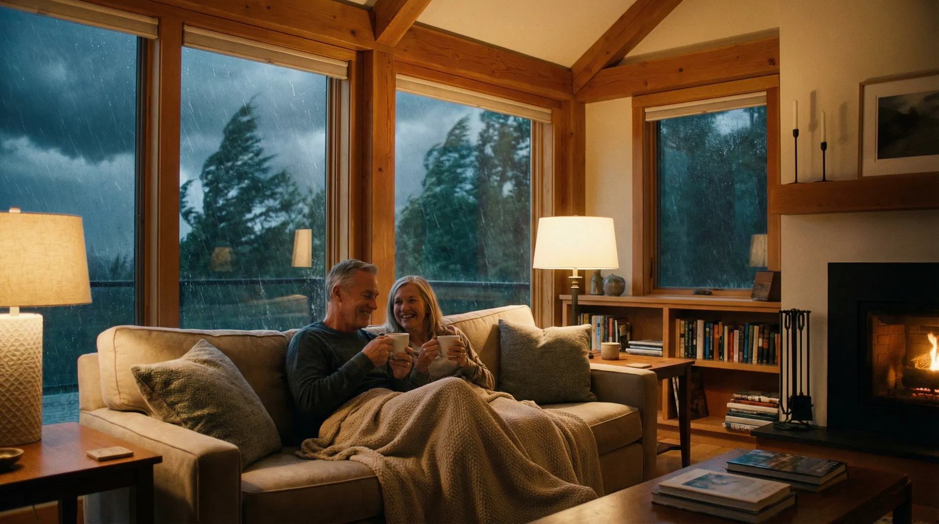 Couple relaxing at home during a storm, powered by their generator