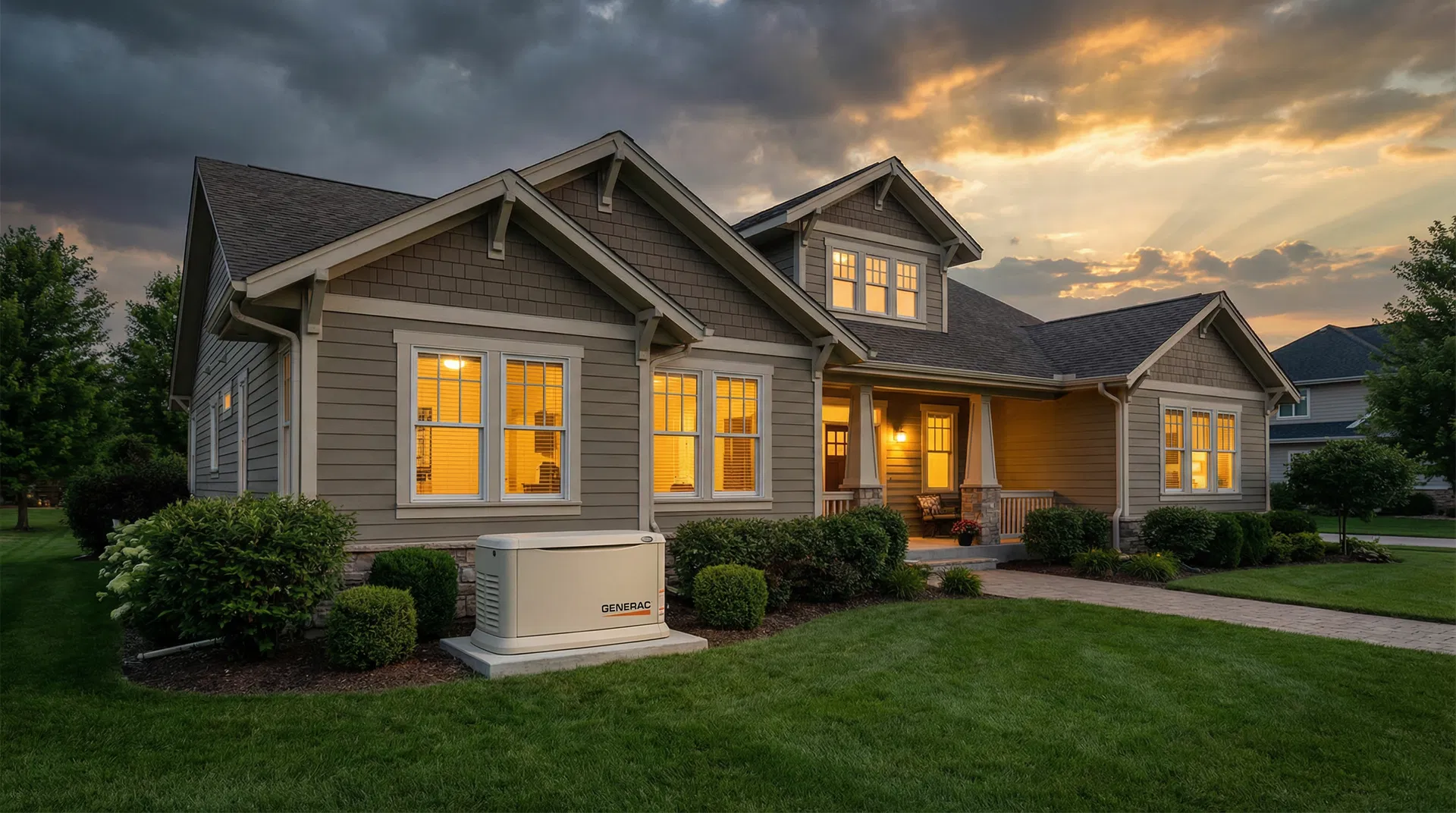 Home with standby generator at dusk