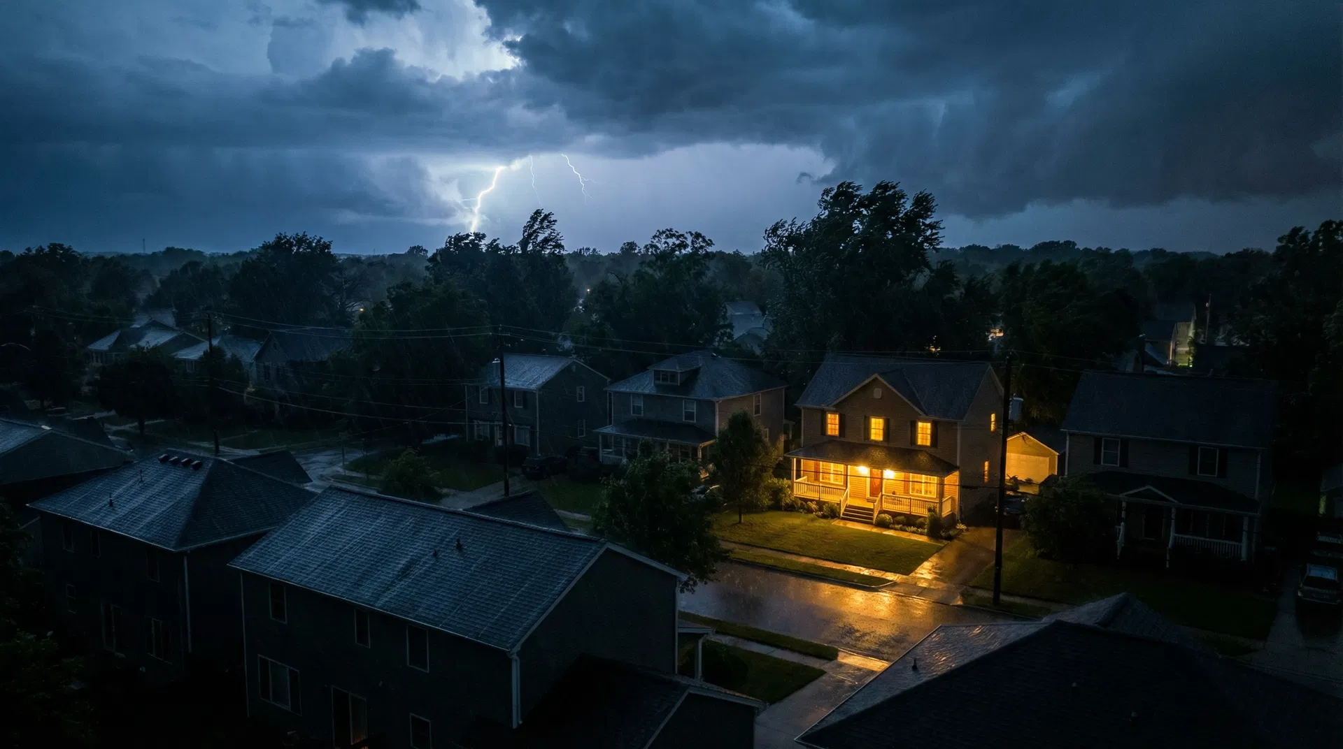 Neighborhood during storm — one home powered by a generator
