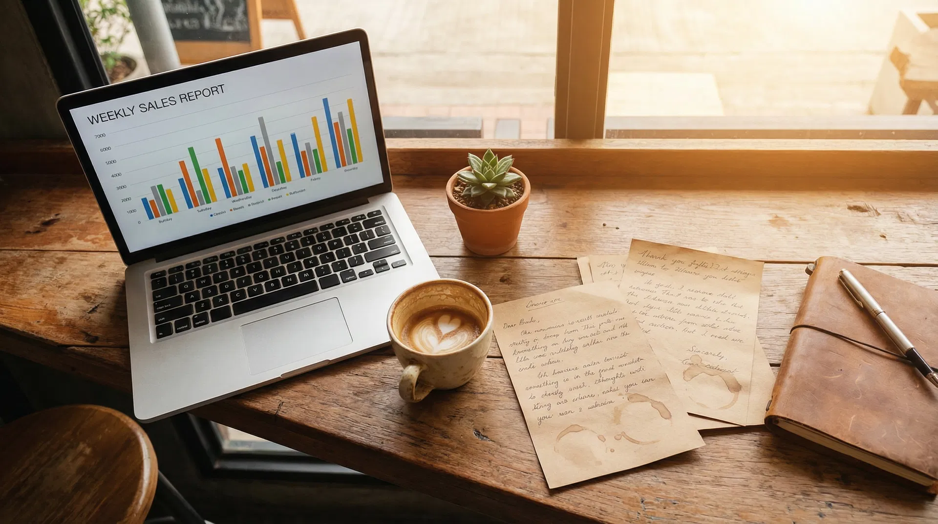 Small business workspace with laptop and coffee