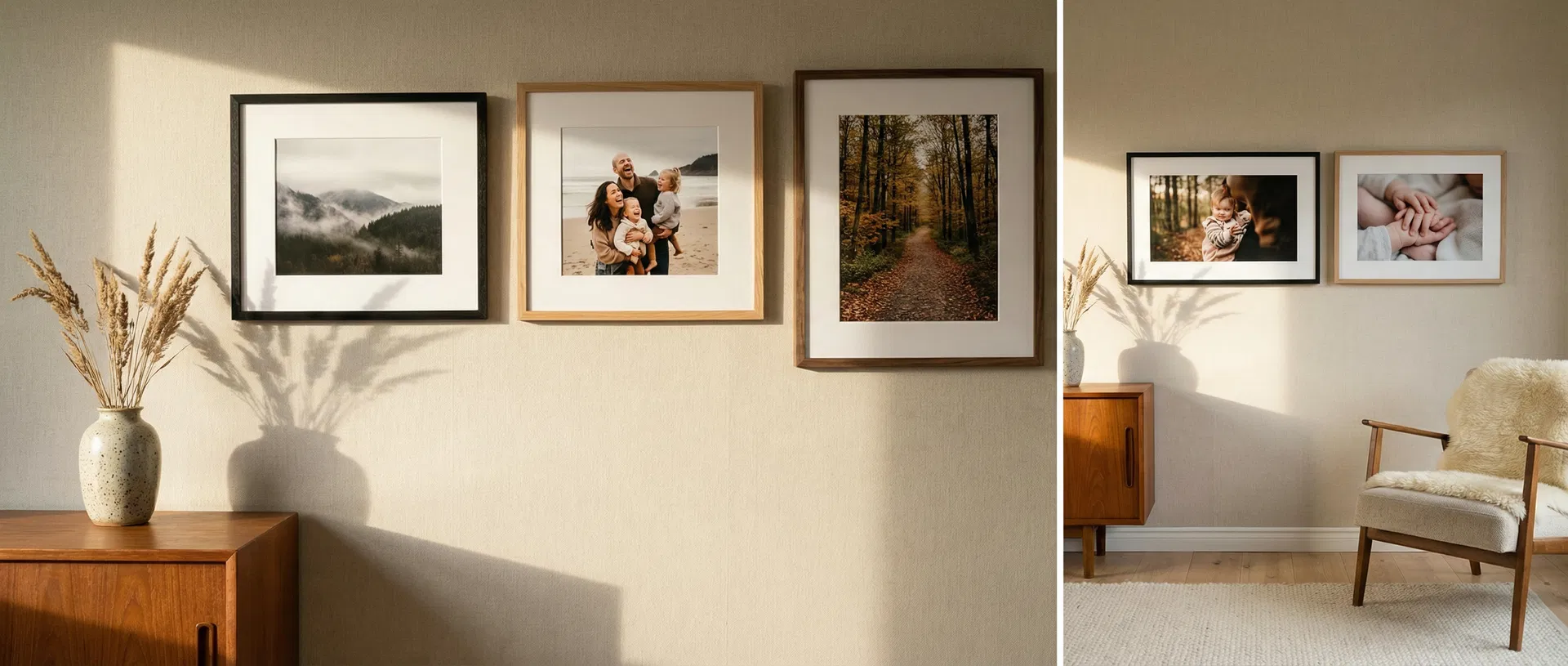 Gallery wall with beautifully framed photos in a modern living room