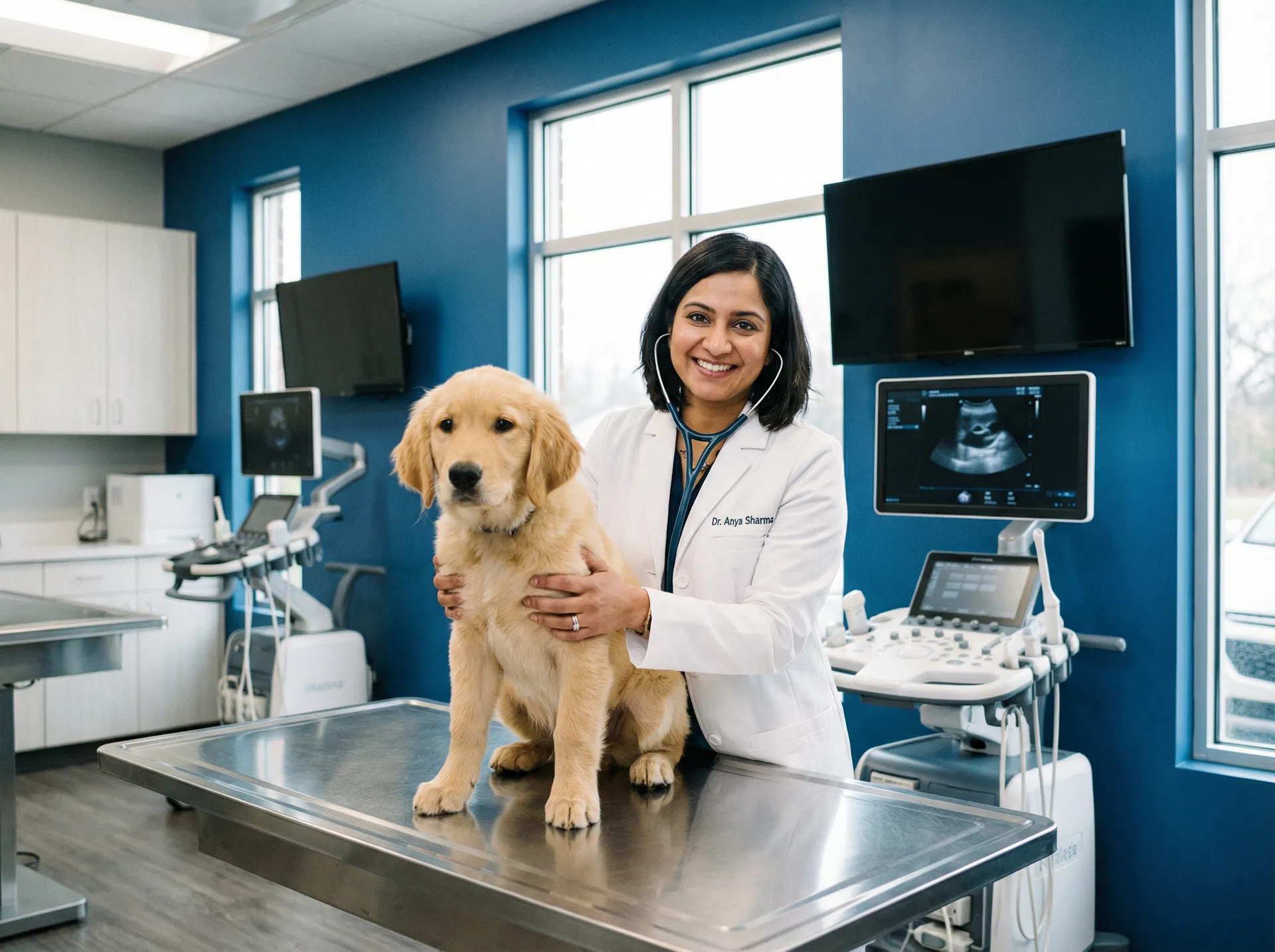 Golden retriever receiving a wellness exam at North Main Animal Hospital