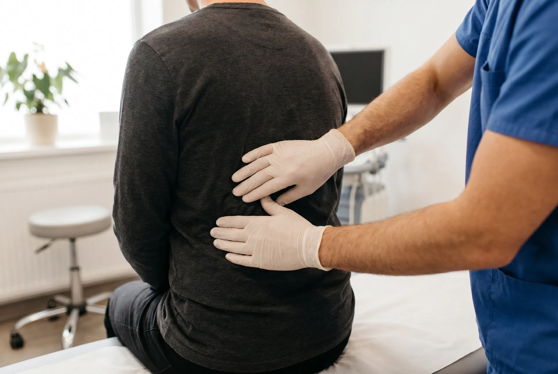 Doctor examining patient's back during consultation