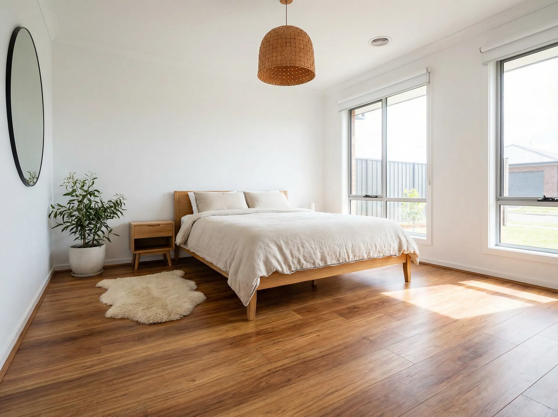 Bedroom with timber flooring