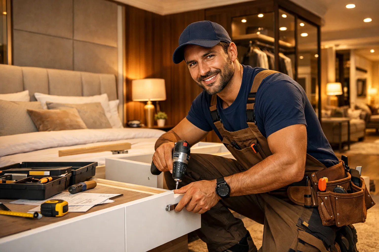 نجار احترافي يقوم بتركيب أثاث