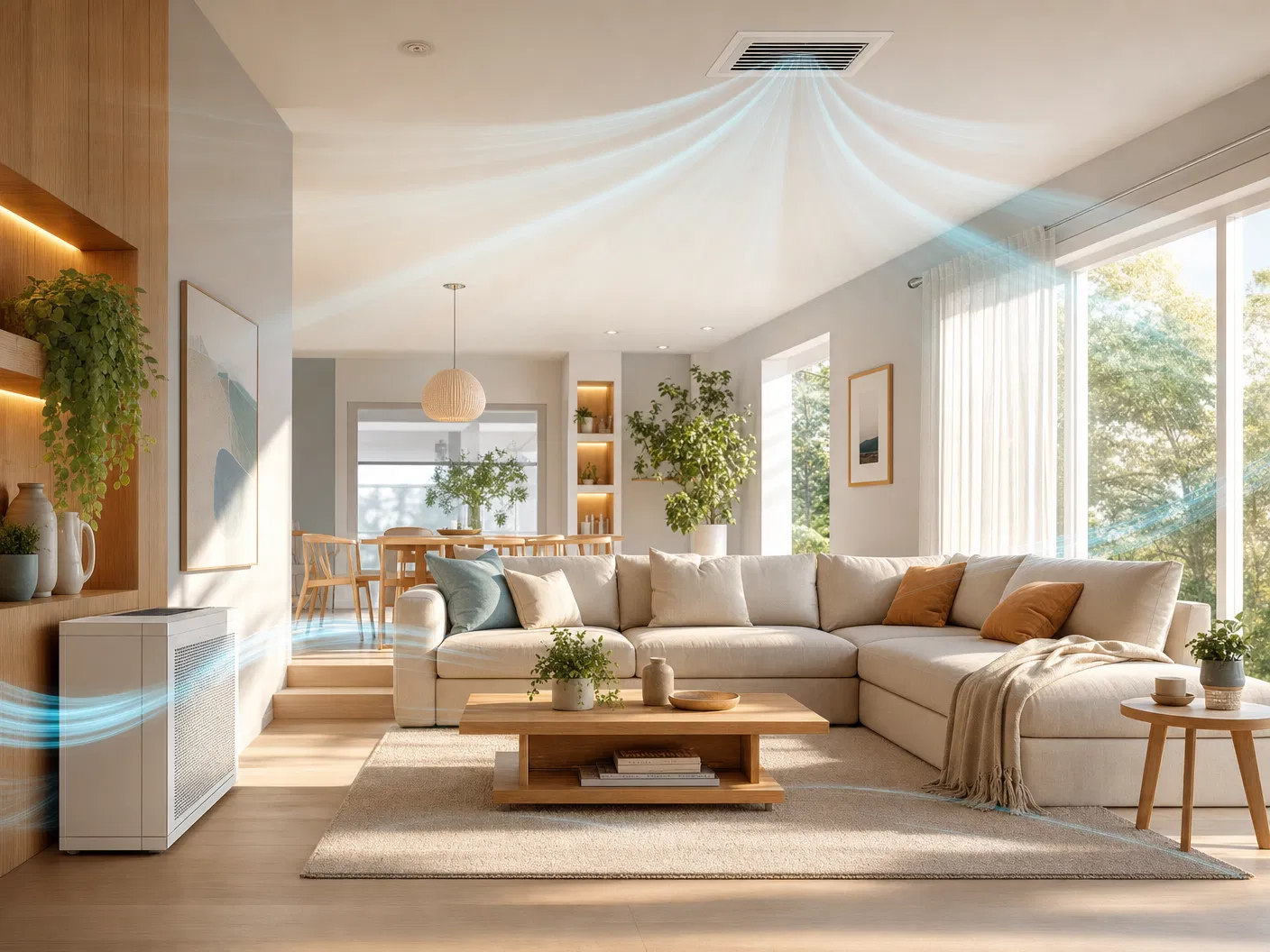 Fresh indoor air flowing through a bright living room