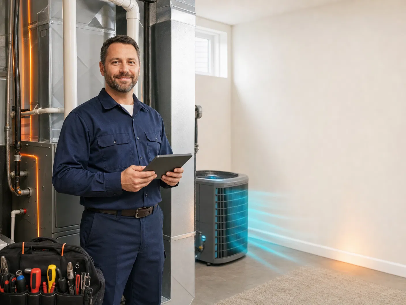 HVAC technician reviewing home comfort equipment