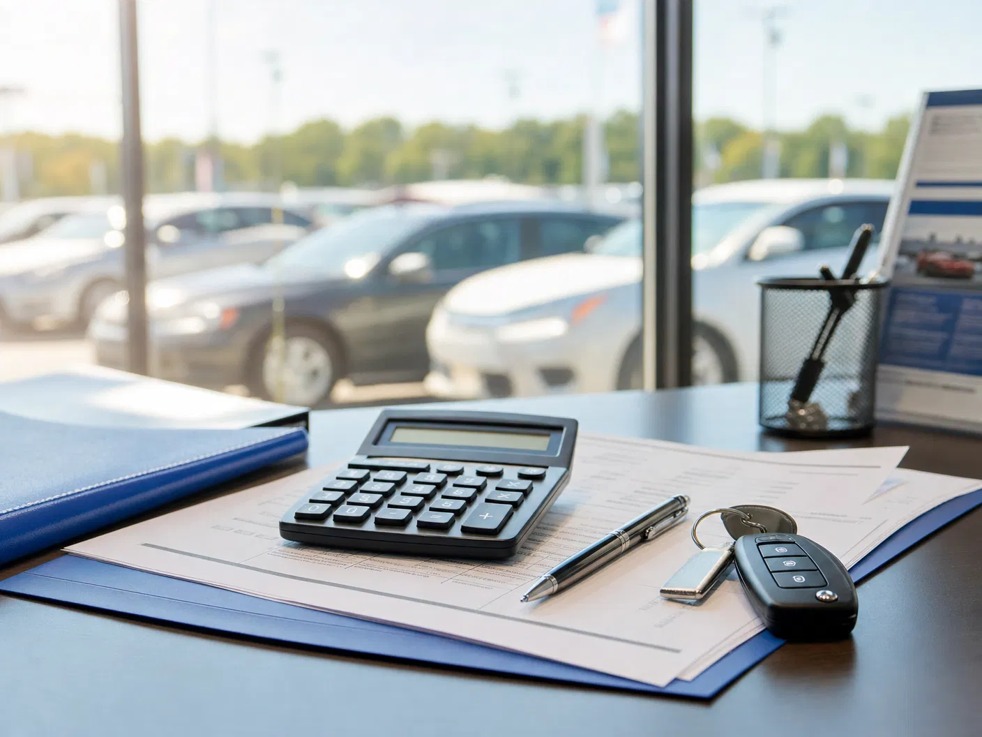 Vehicle financing paperwork and car keys on a dealership desk
