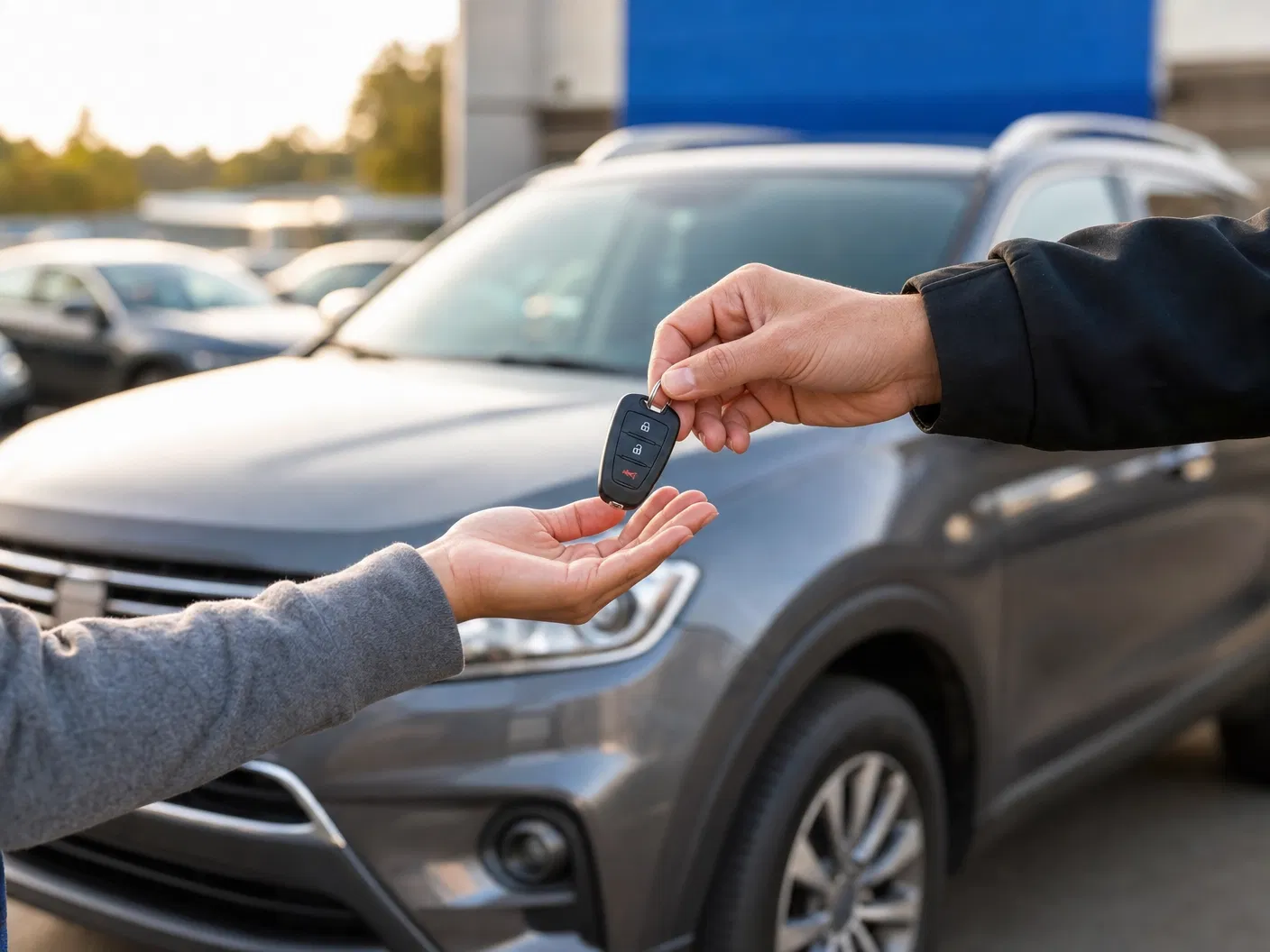 Customer receiving car keys at a dealership