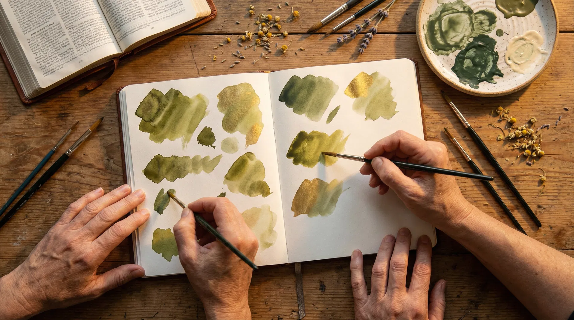 Two pairs of hands working together over an art journal